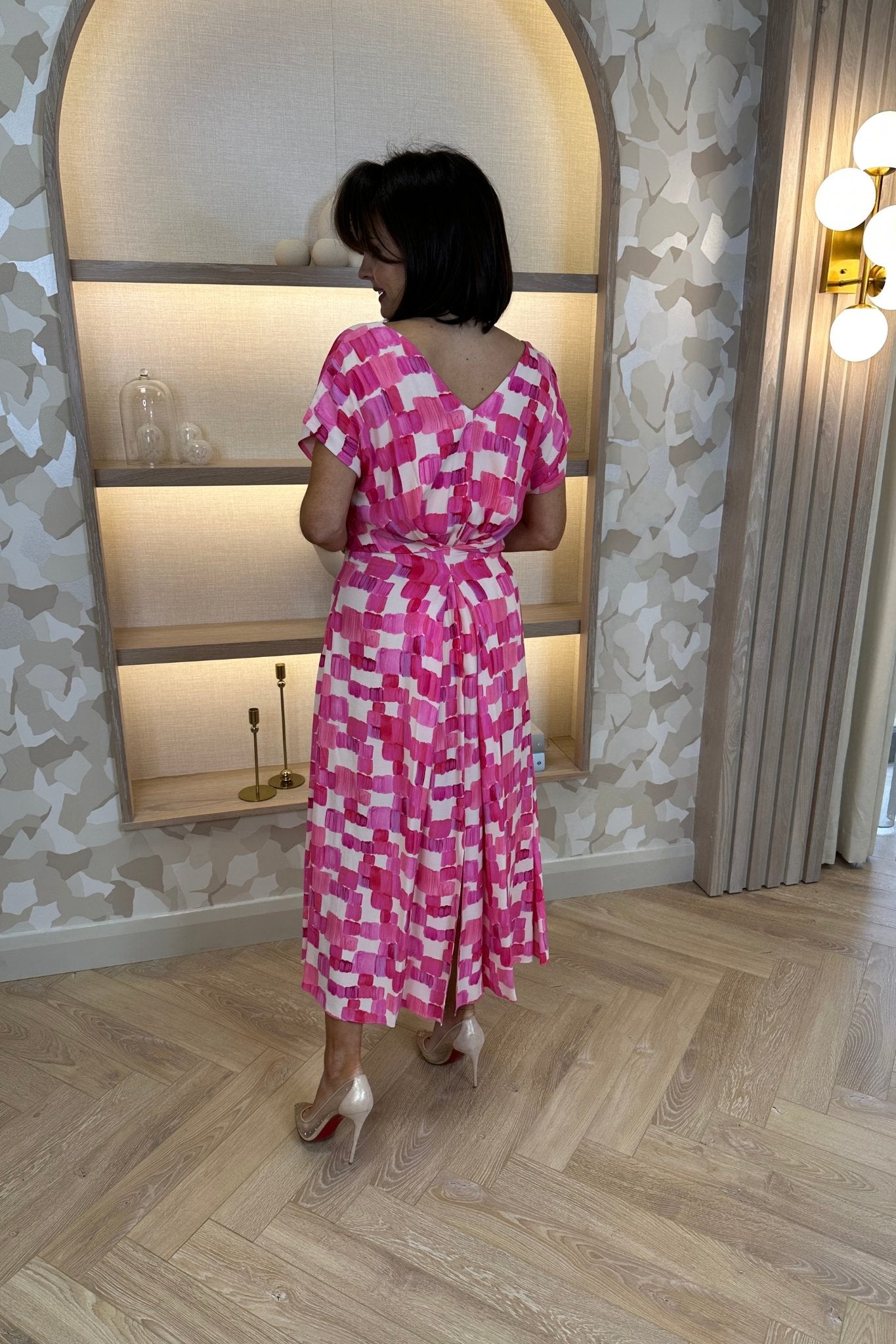 Kayla V-Neck Dress In Pink Multi - The Walk in Wardrobe