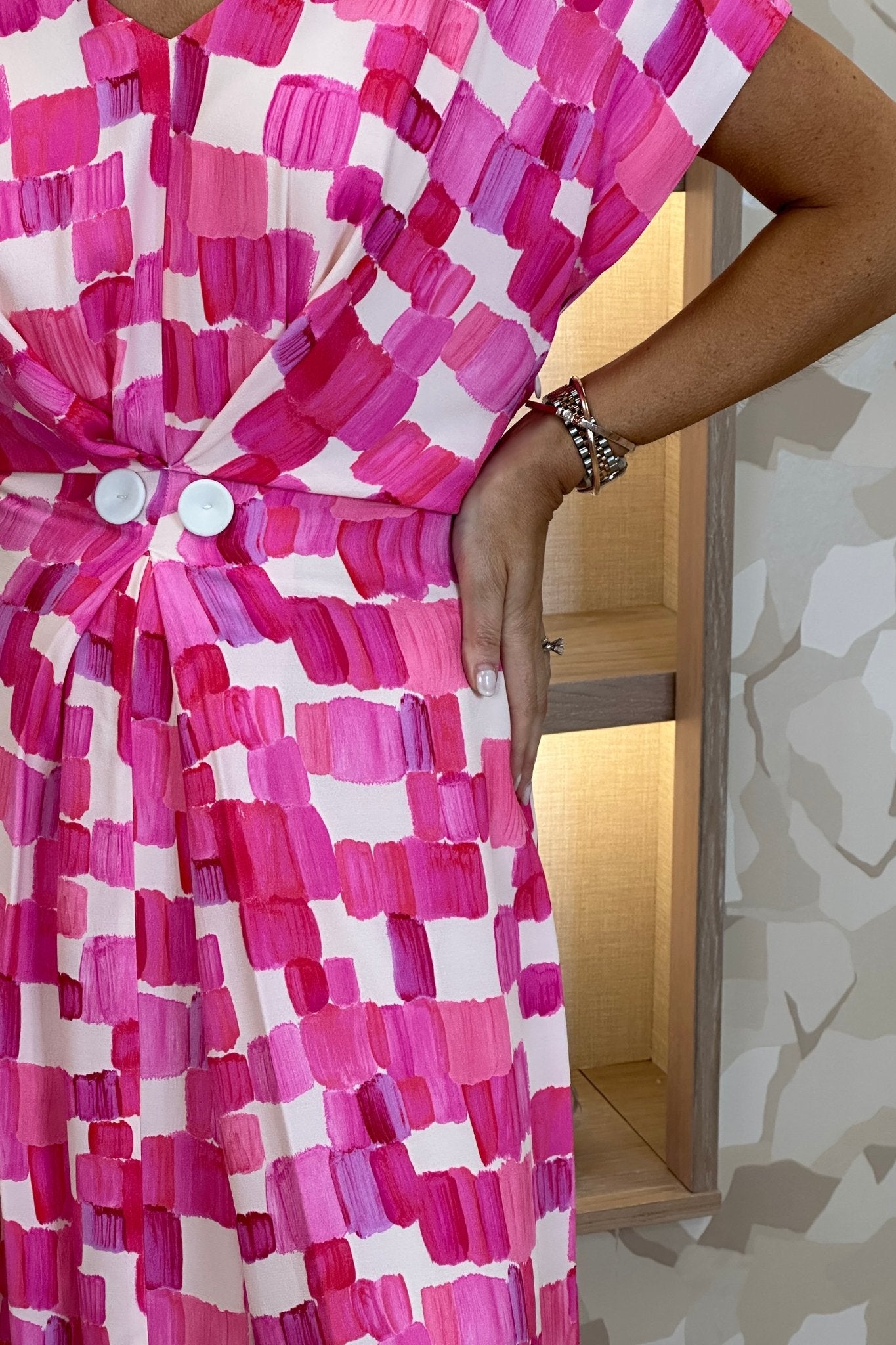 Kayla V-Neck Dress In Pink Multi - The Walk in Wardrobe
