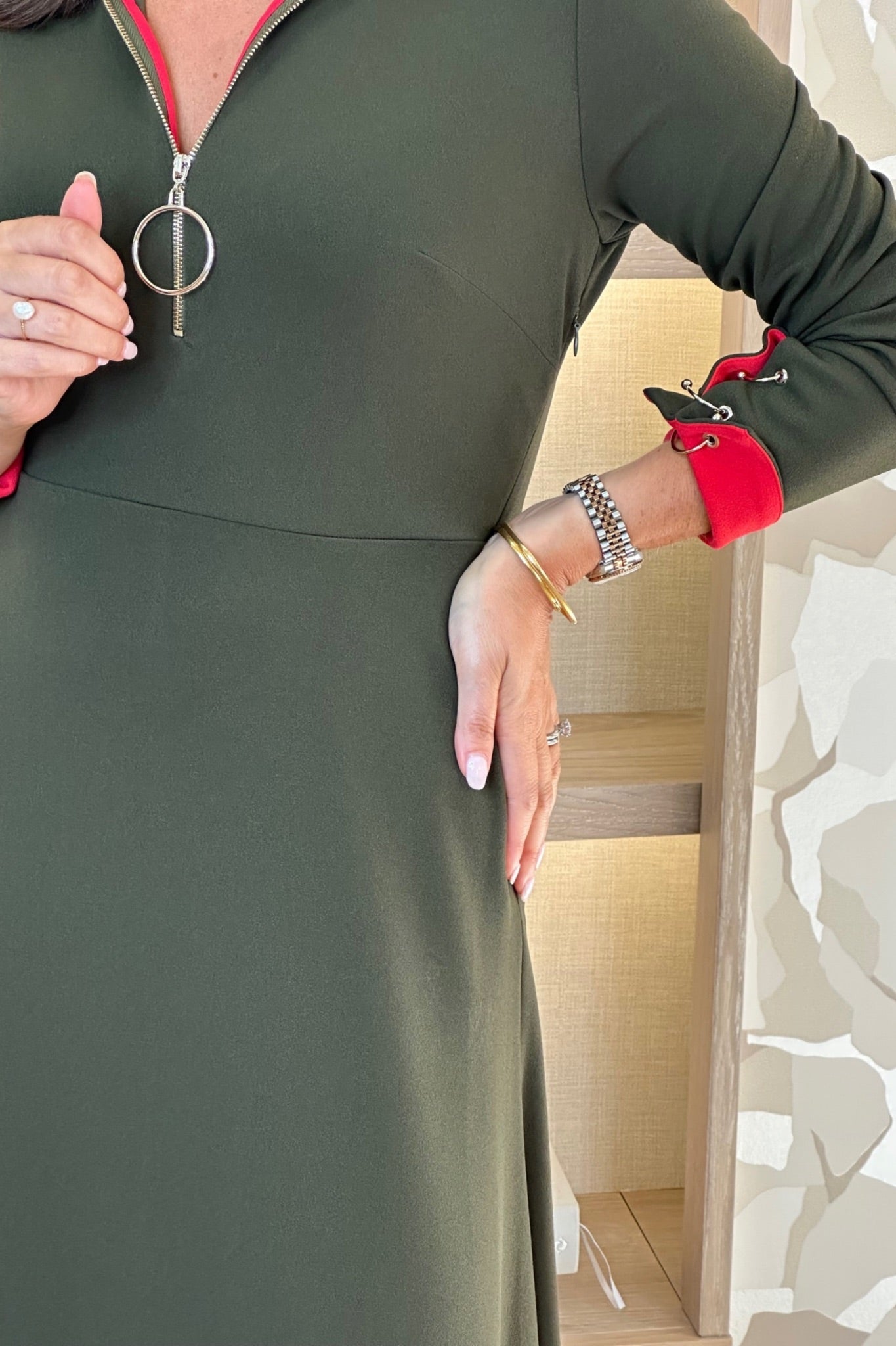 Kayla Zip Front Dress In Khaki - The Walk in Wardrobe