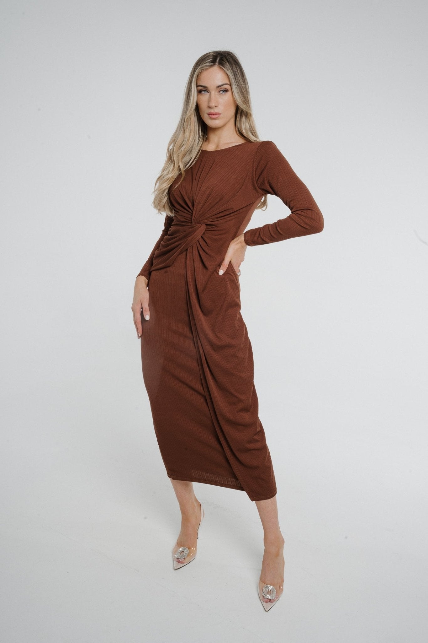 Kelly Knot Front Midi Dress In Chocolate - The Walk in Wardrobe