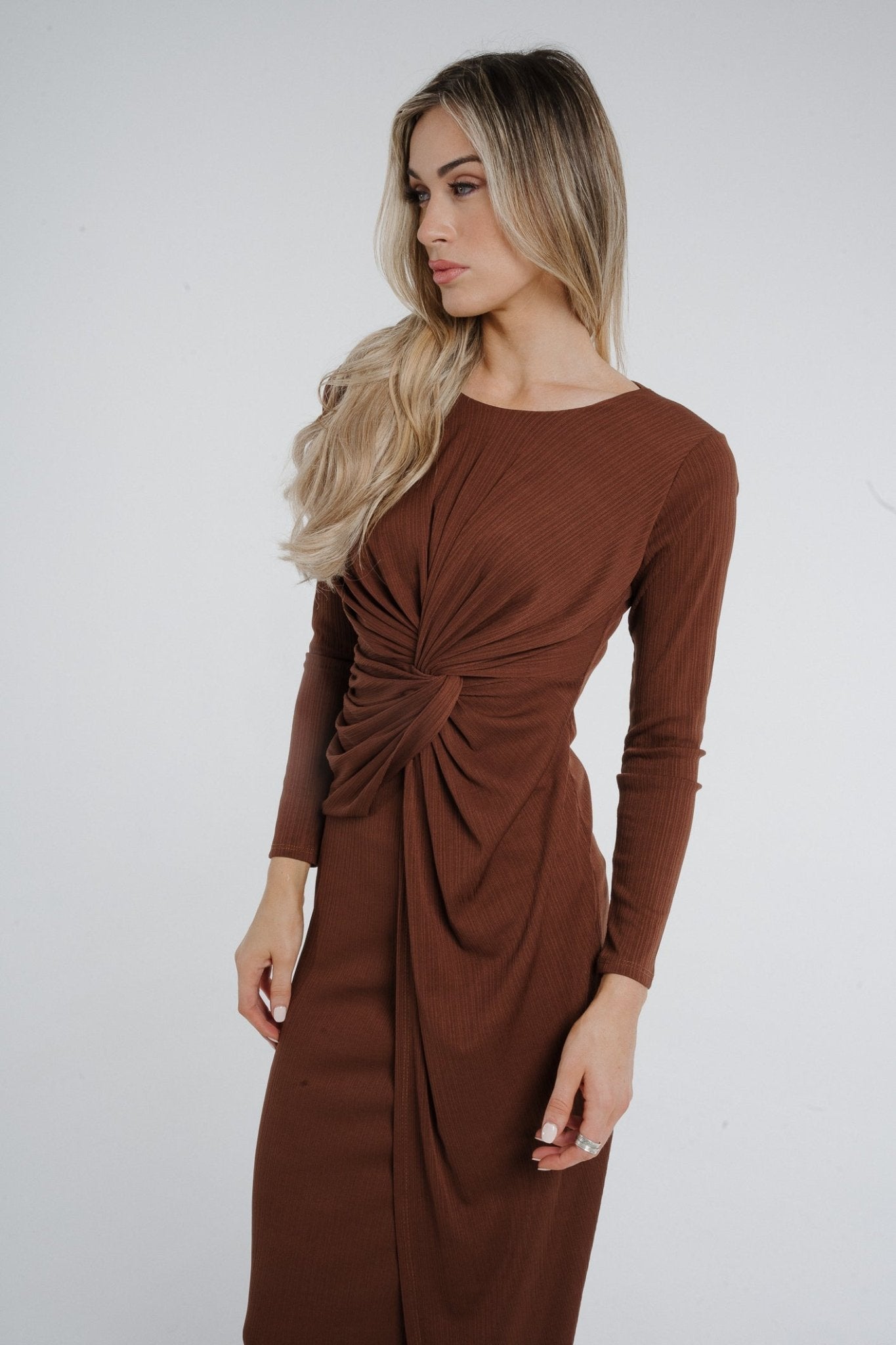 Kelly Knot Front Midi Dress In Chocolate - The Walk in Wardrobe