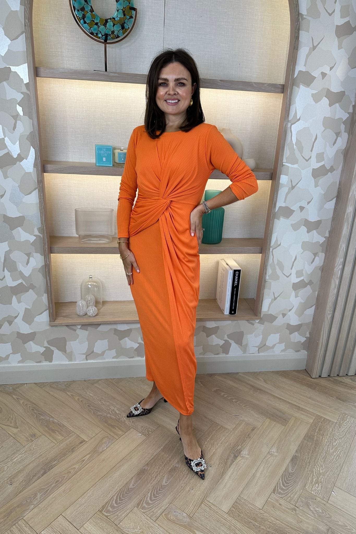 Kelly Knot Front Midi Dress In Orange - The Walk in Wardrobe
