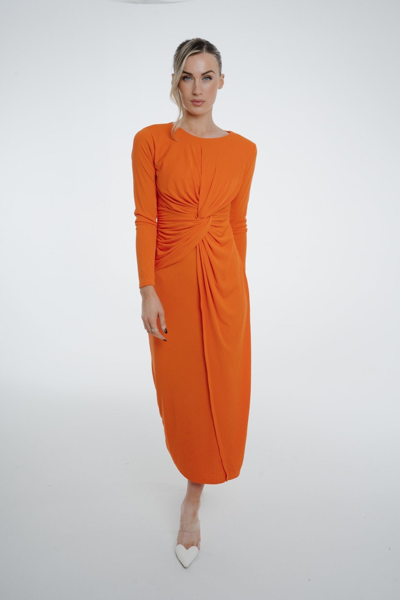 Kelly Knot Front Midi Dress In Orange - The Walk in Wardrobe