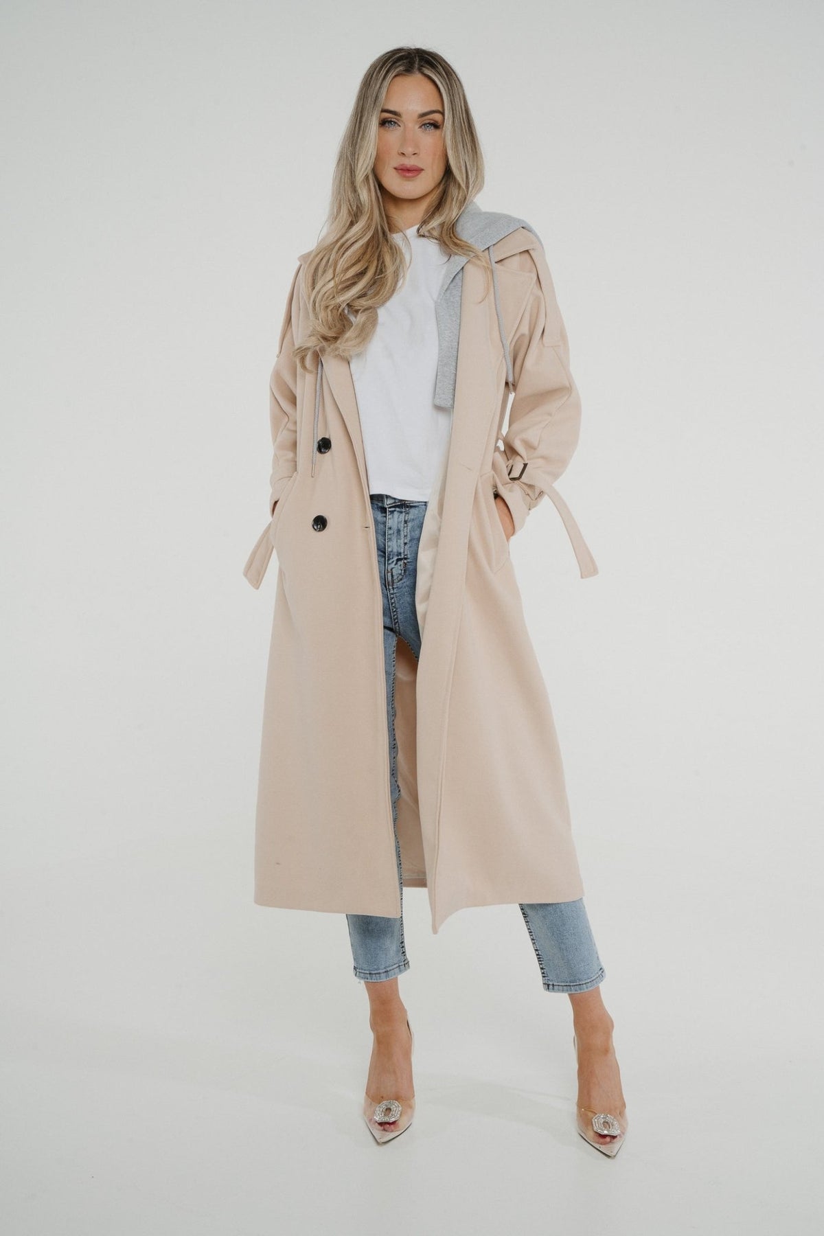 Kelly Layered Hooded Coat In Neutral - The Walk in Wardrobe