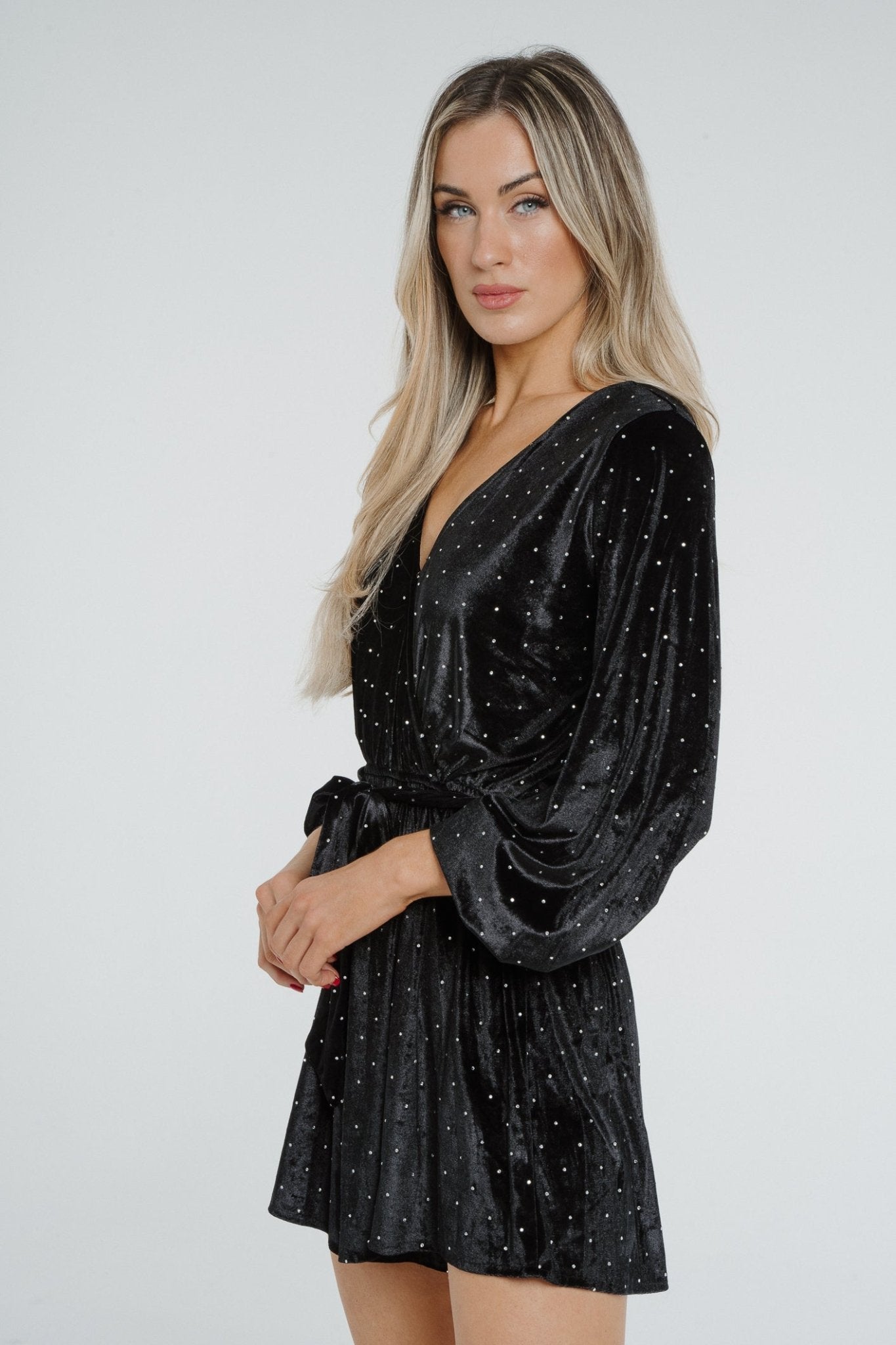 Kendra Embellished Velvet Playsuit In Black - The Walk in Wardrobe