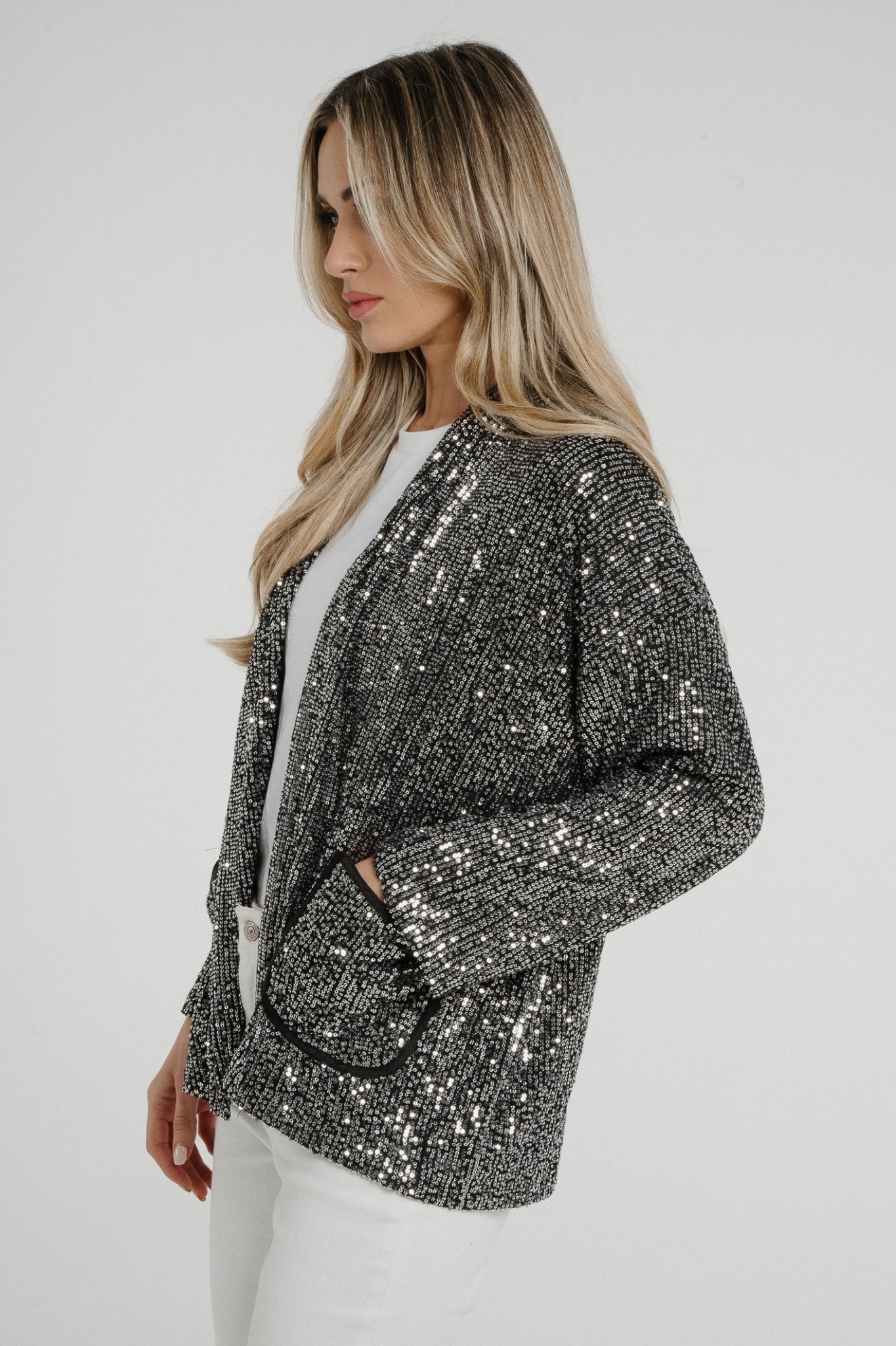 Kendra Sequin Jacket In Silver - The Walk in Wardrobe