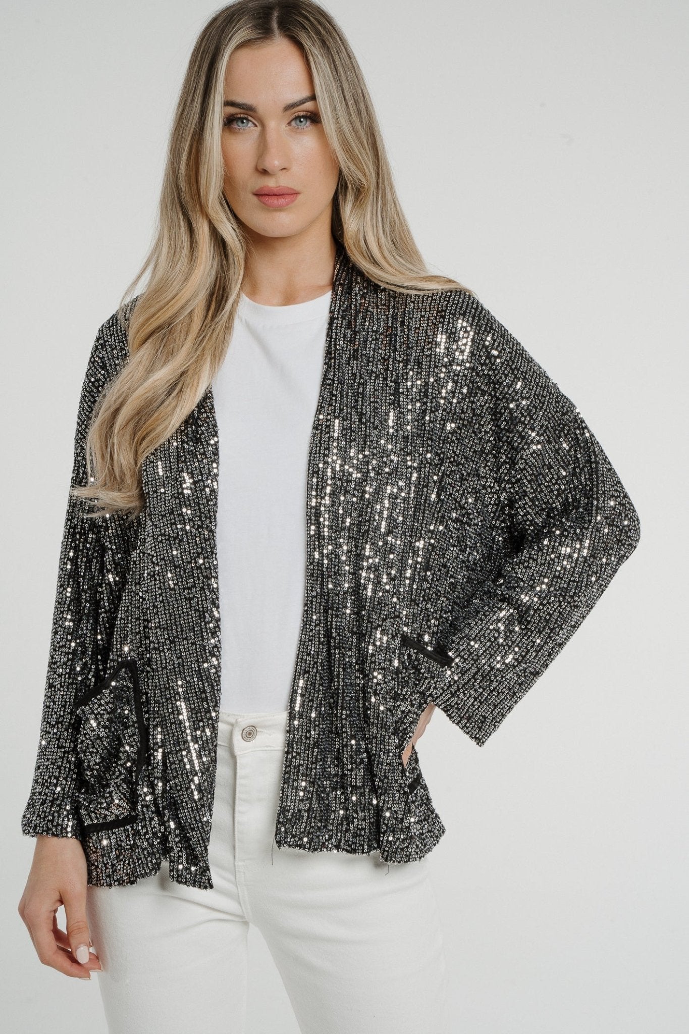 Kendra Sequin Jacket In Silver - The Walk in Wardrobe
