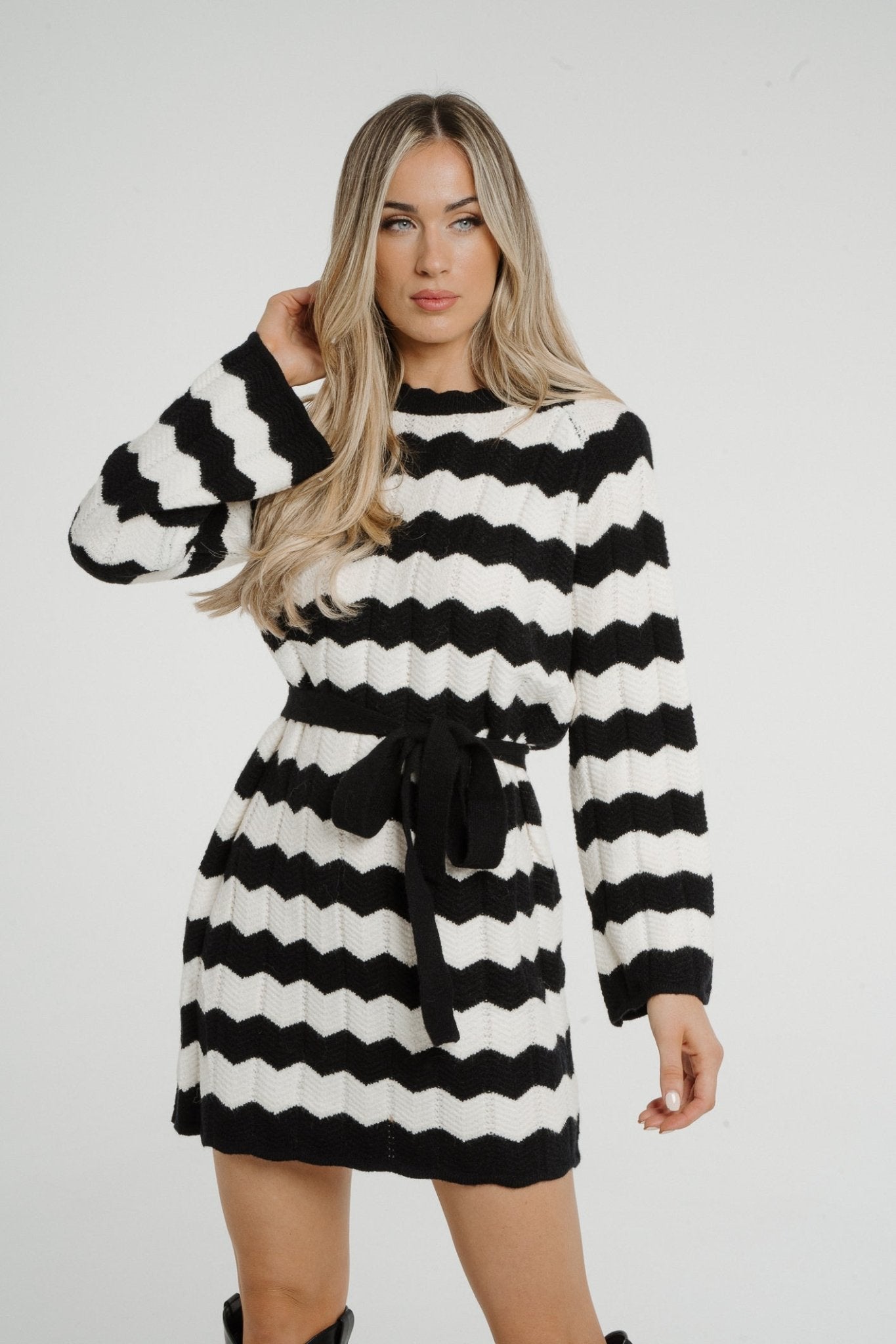 Kendra Stripe Knit Dress In Monochrome - The Walk in Wardrobe