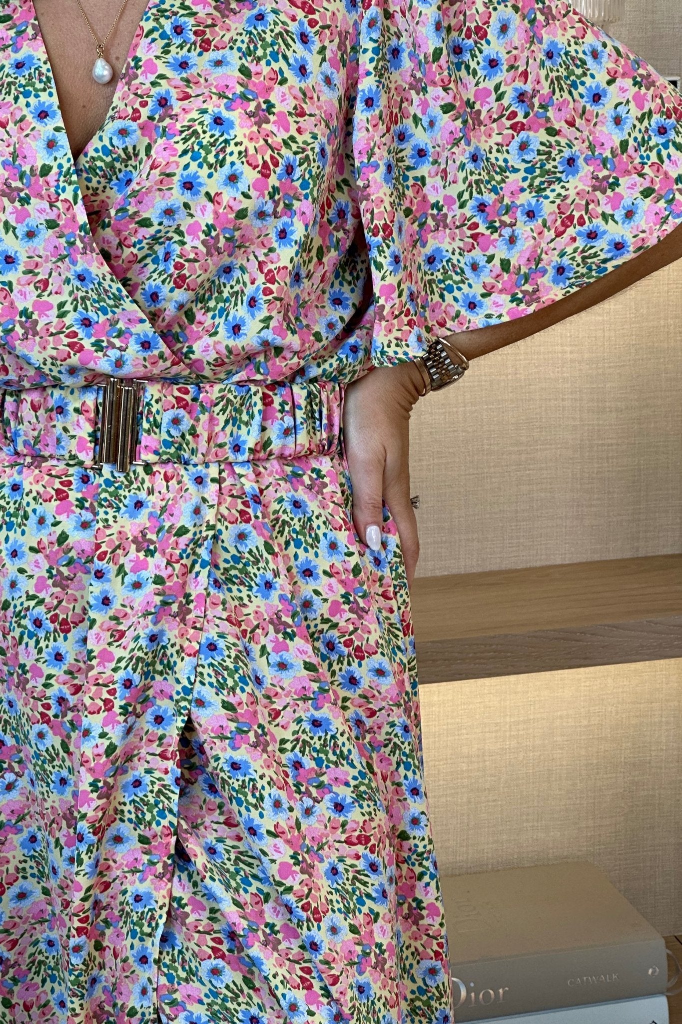 Kendra V-Neck Belted Midi Dress In Cream Mix - The Walk in Wardrobe
