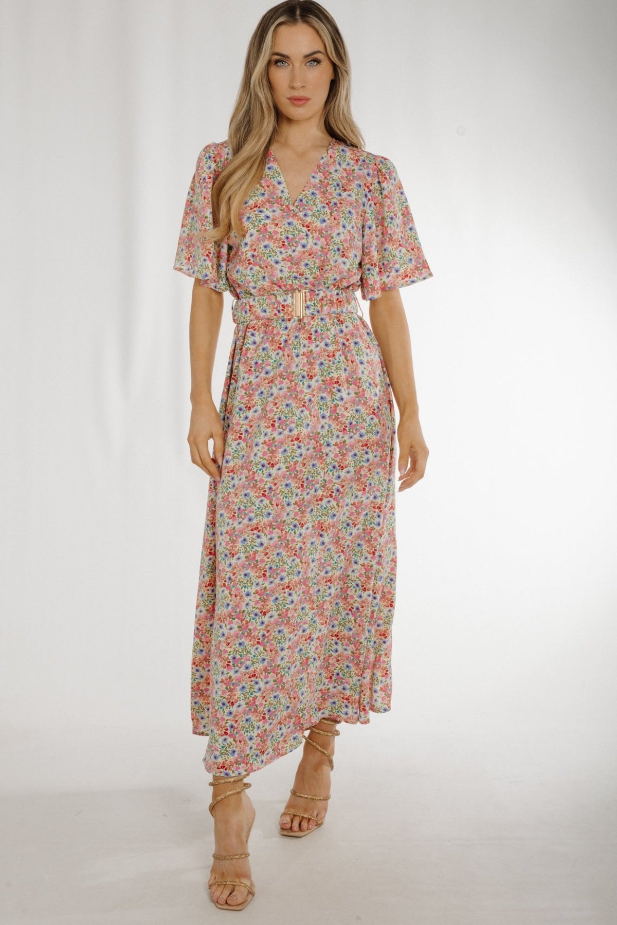 Kendra V-Neck Belted Midi Dress In Cream Mix - The Walk in Wardrobe