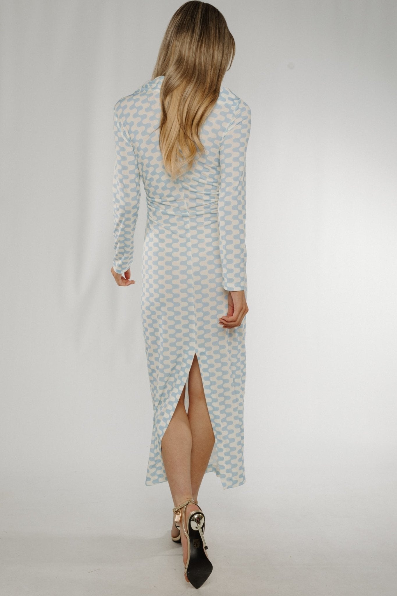 Lexi High Neck Printed Dress In Blue & White - The Walk in Wardrobe
