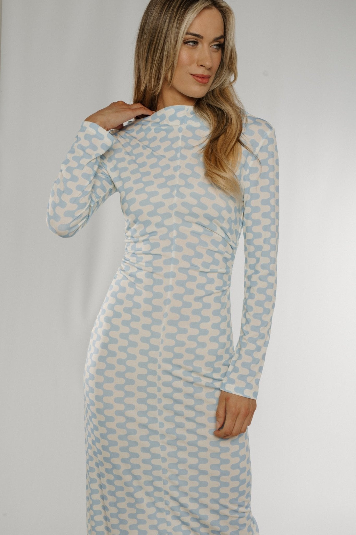 Lexi High Neck Printed Dress In Blue & White - The Walk in Wardrobe