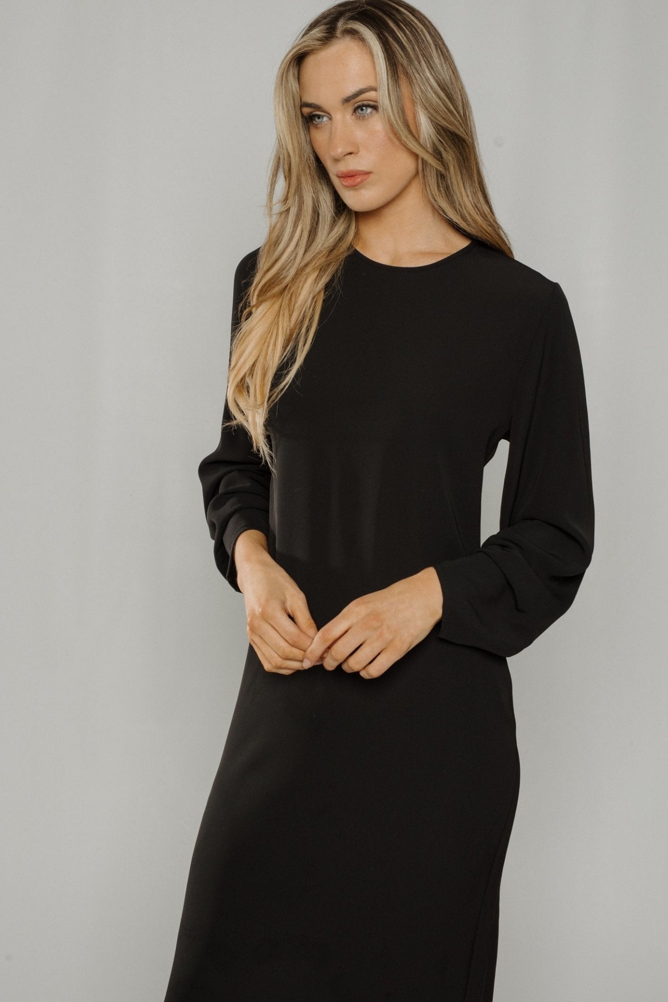 Lexi Ruched Sleeve Maxi Dress In Black - The Walk in Wardrobe