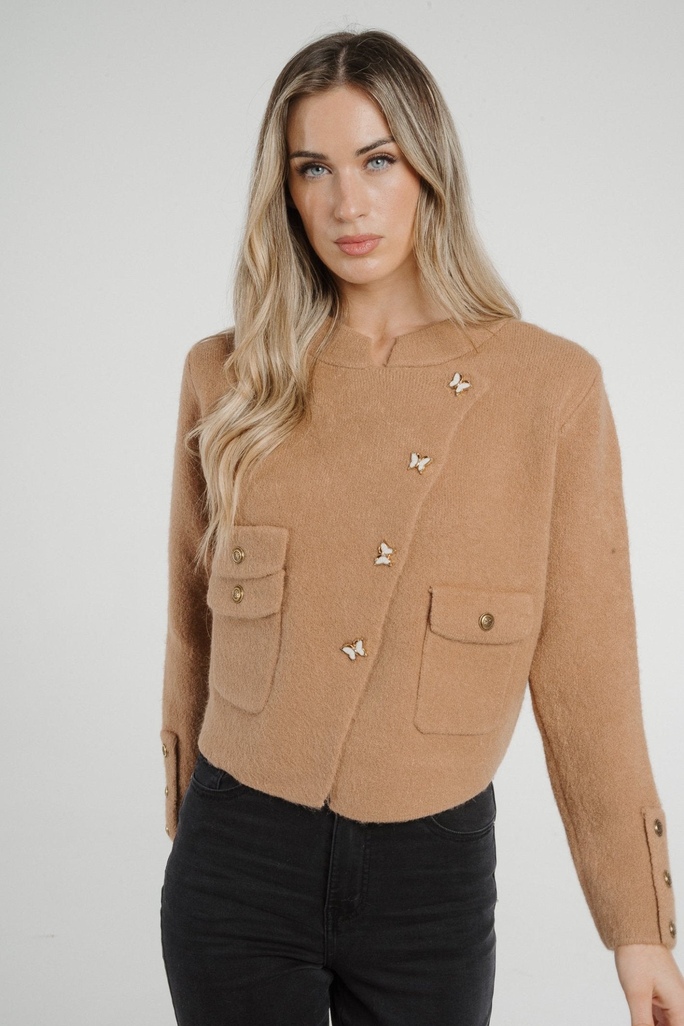 Lila Asymmetric Button Jacket In Tan - The Walk in Wardrobe