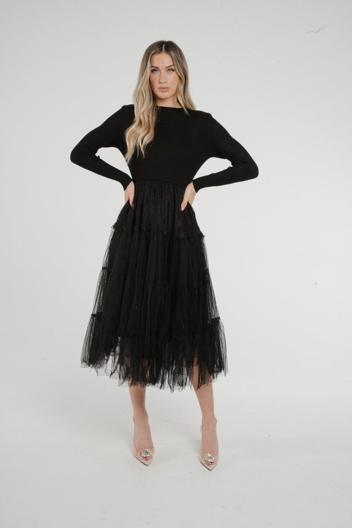 Lila Contrast Tulle Dress In Black - The Walk in Wardrobe