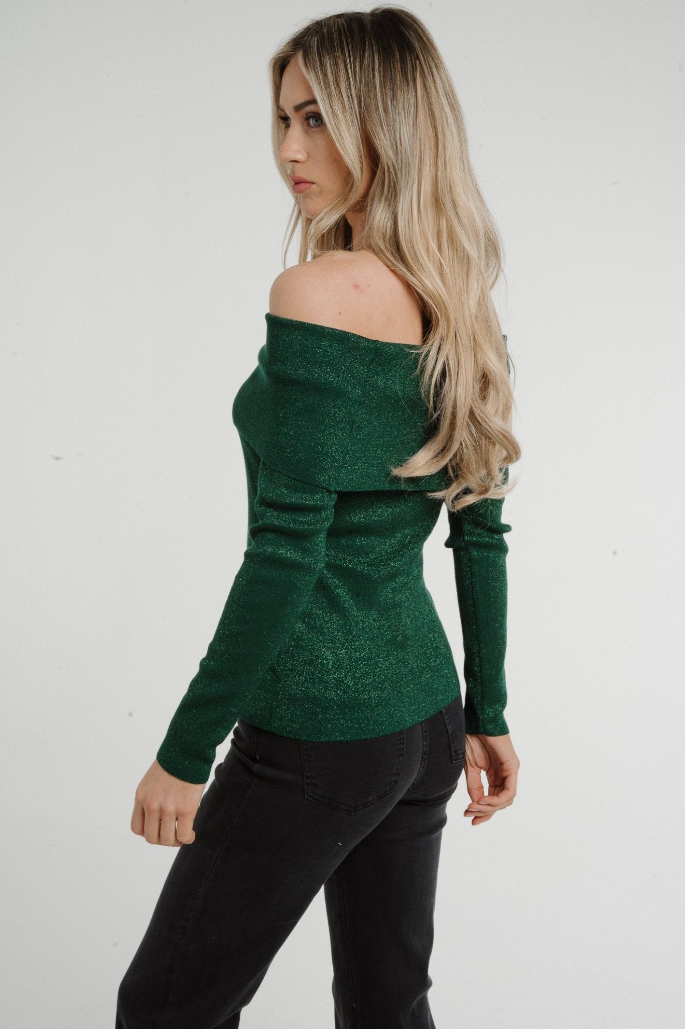 Lila Shimmer Bardot Top In Green - The Walk in Wardrobe