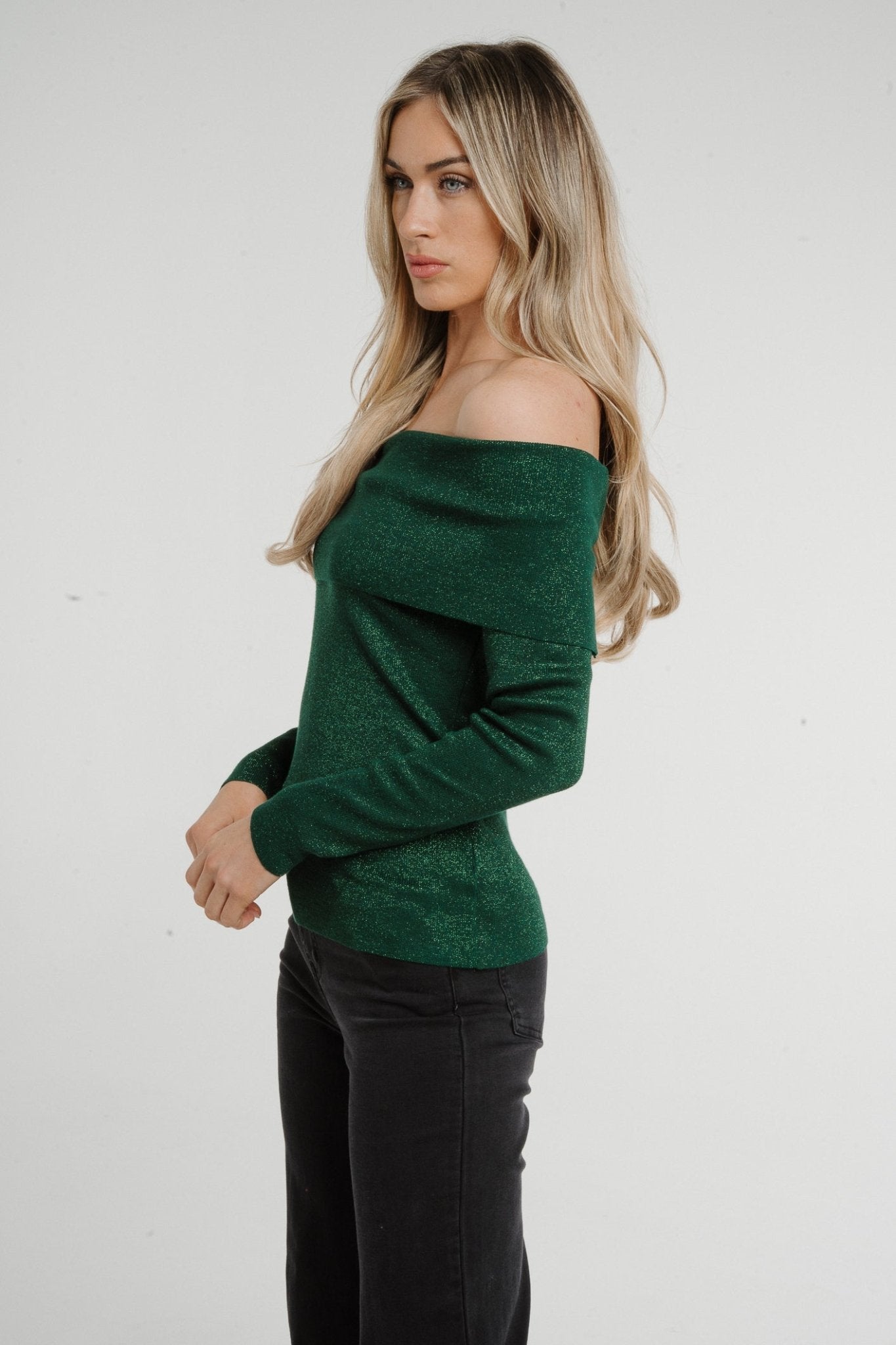 Lila Shimmer Bardot Top In Green - The Walk in Wardrobe