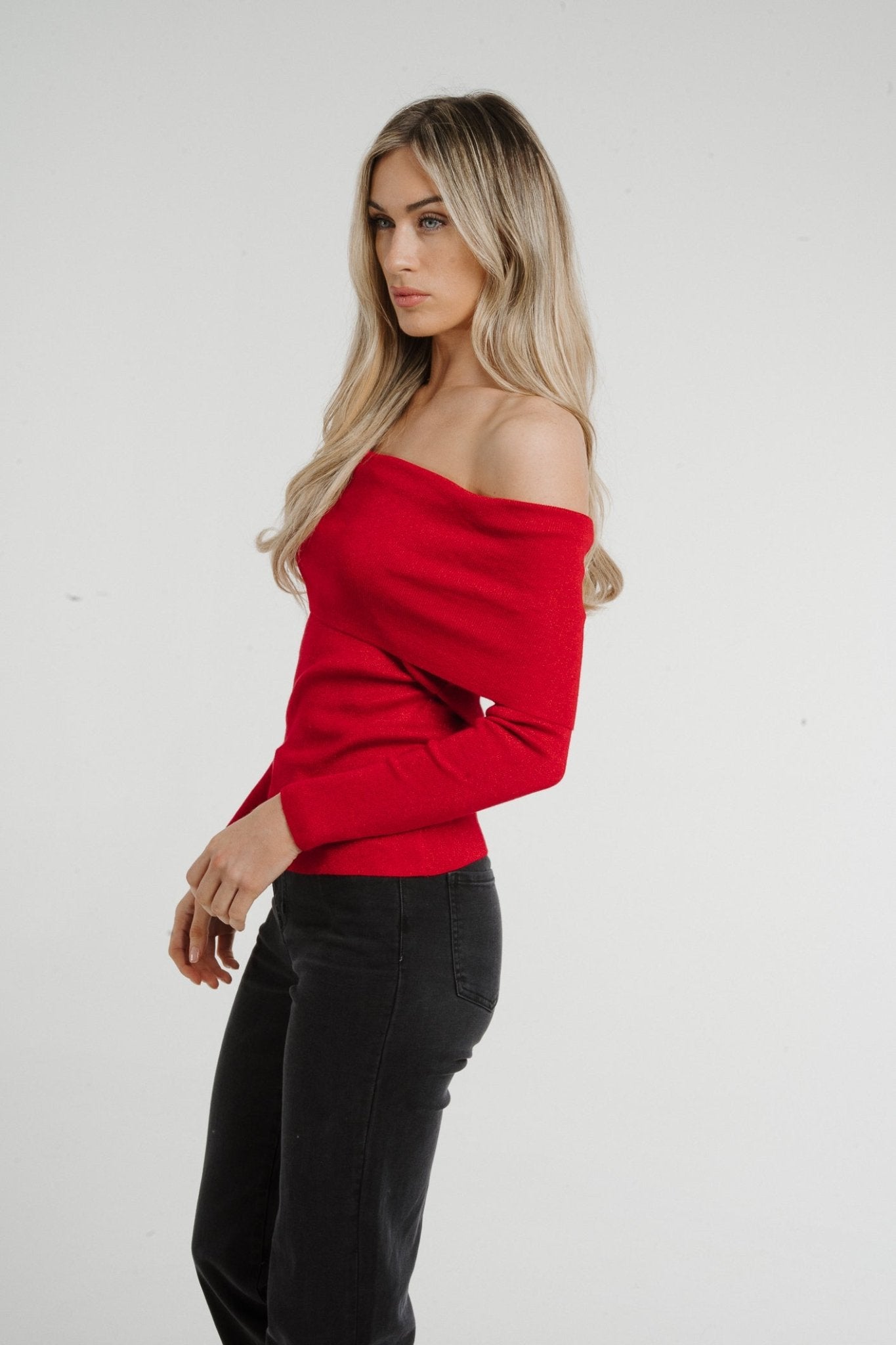 Lila Shimmer Bardot Top In Red - The Walk in Wardrobe