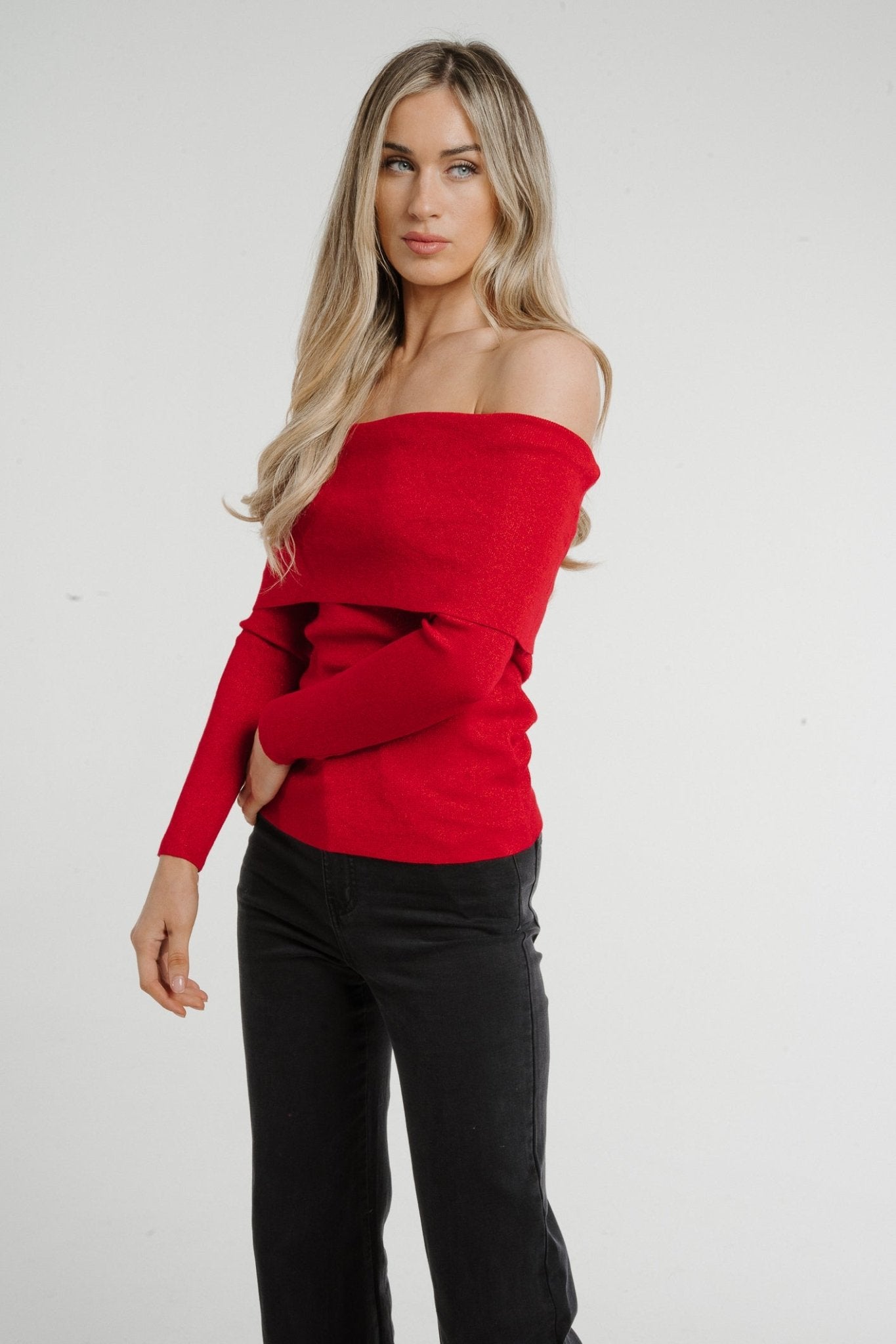 Lila Shimmer Bardot Top In Red - The Walk in Wardrobe
