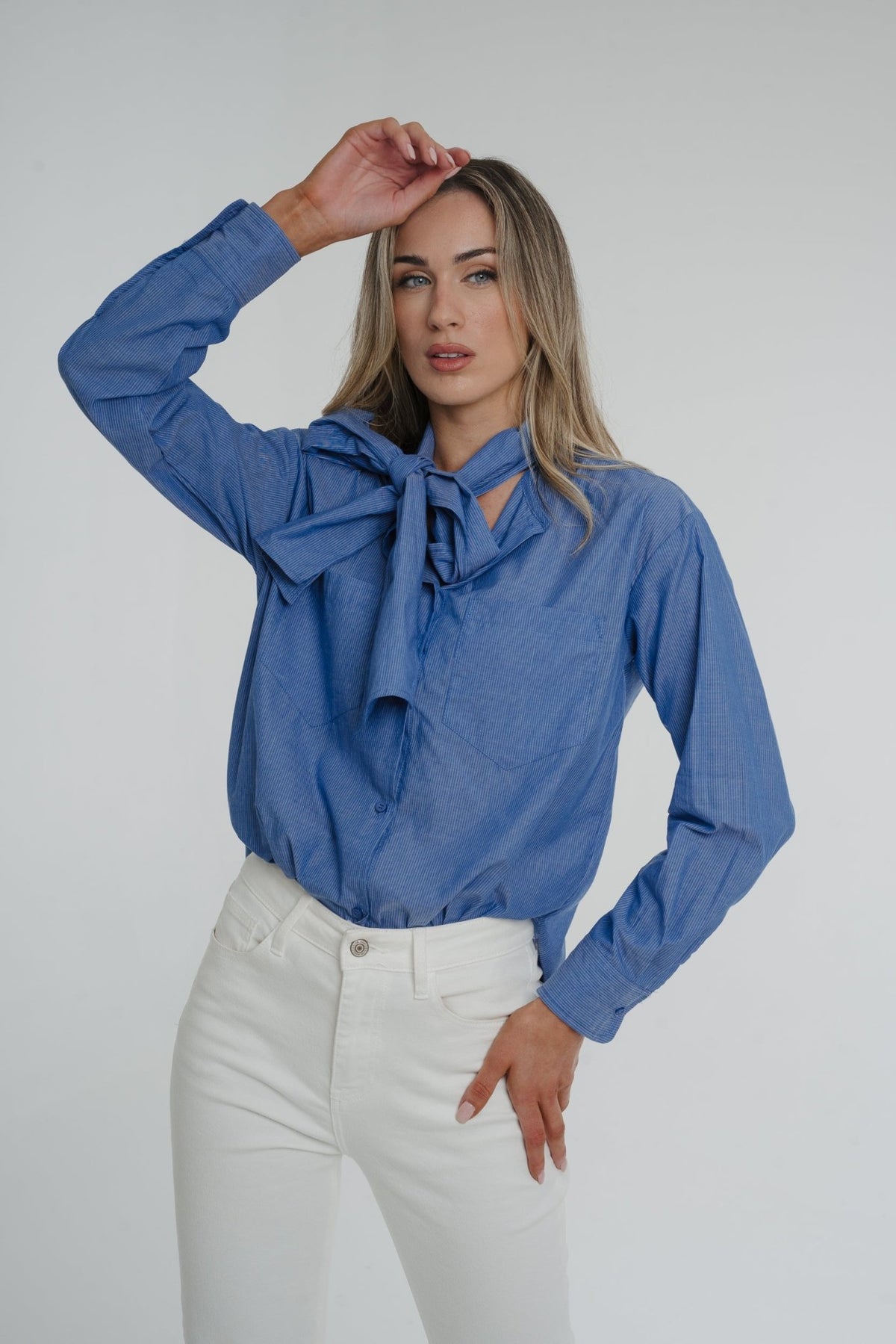Lily Bow Neck Blouse In Blue - The Walk in Wardrobe