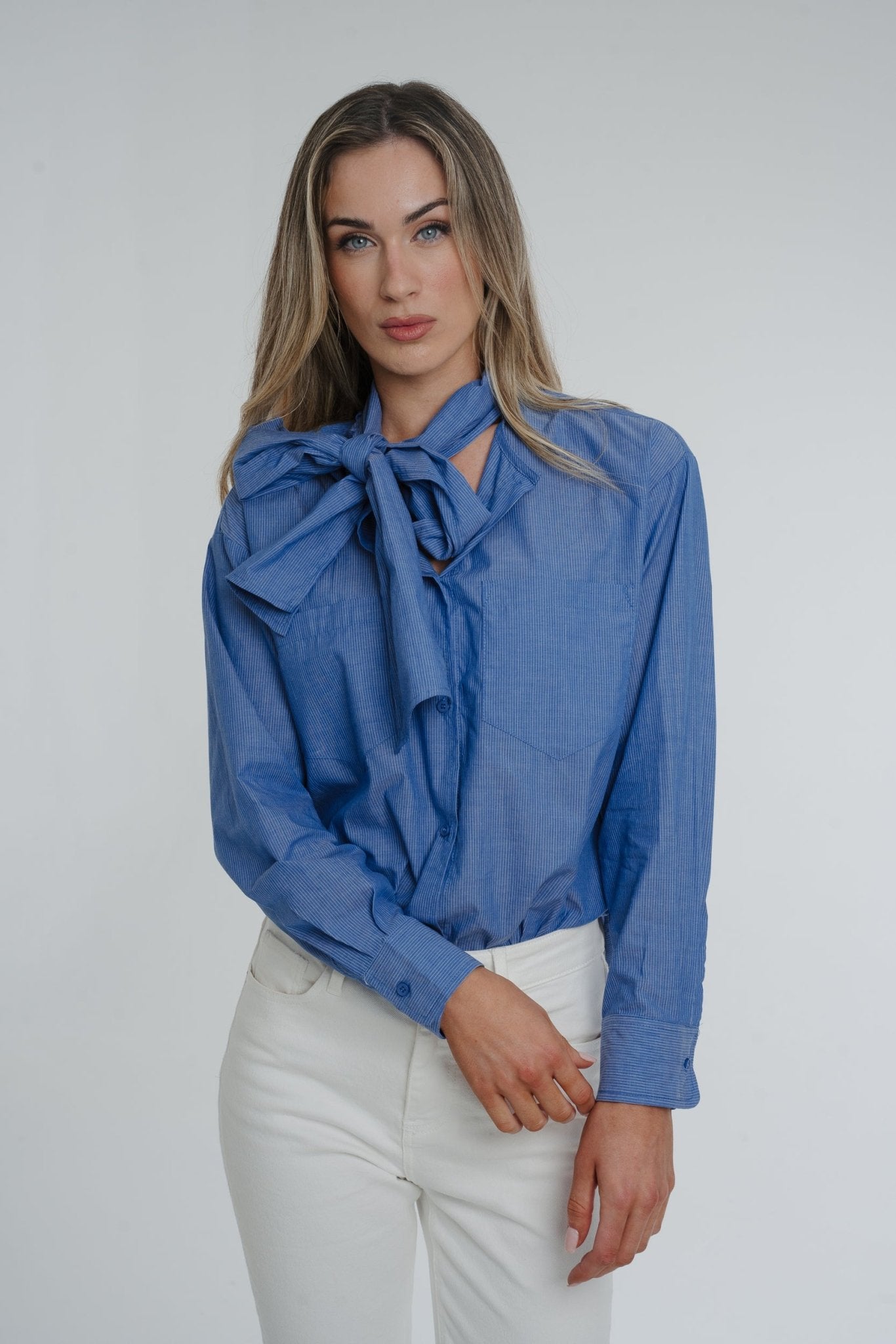 Lily Bow Neck Blouse In Blue - The Walk in Wardrobe