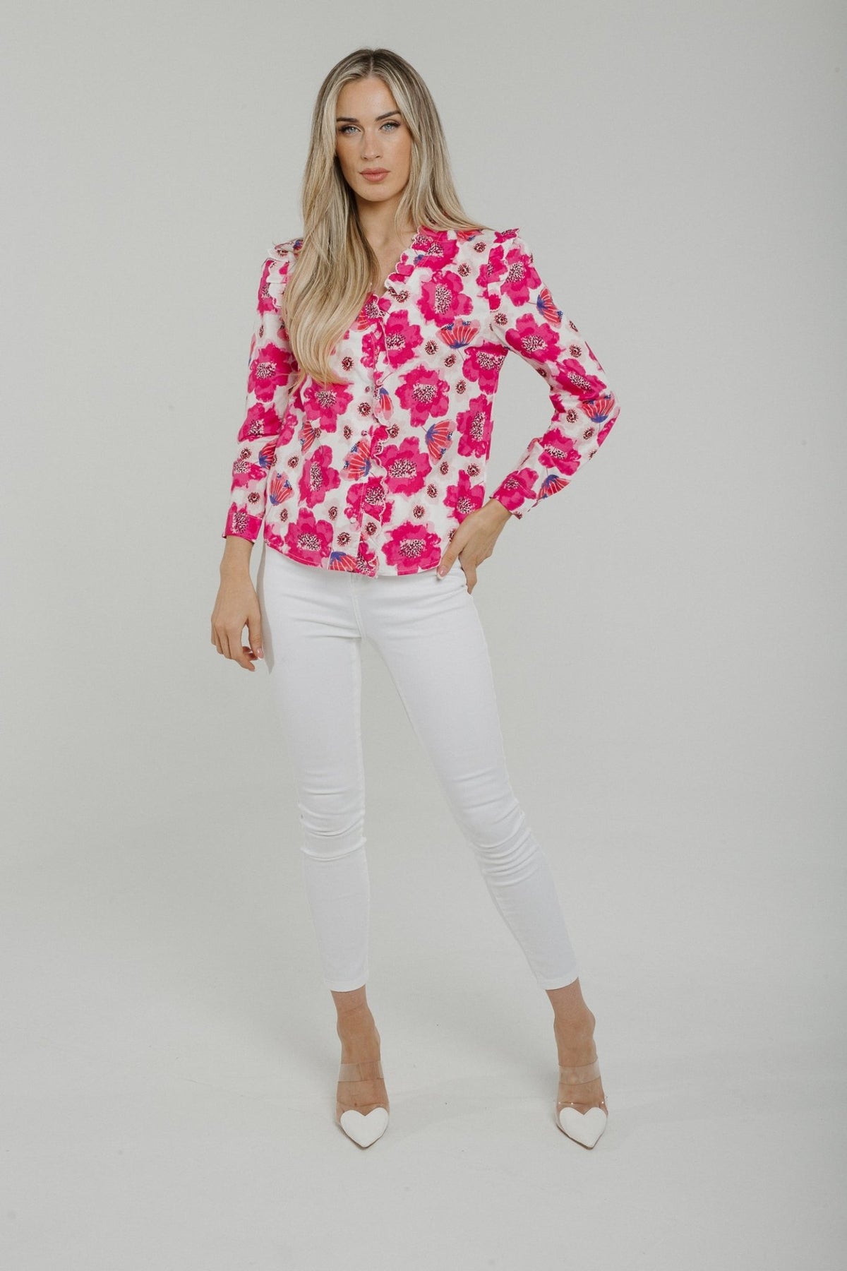 Lily Frill Detail Blouse In Pink Print - The Walk in Wardrobe