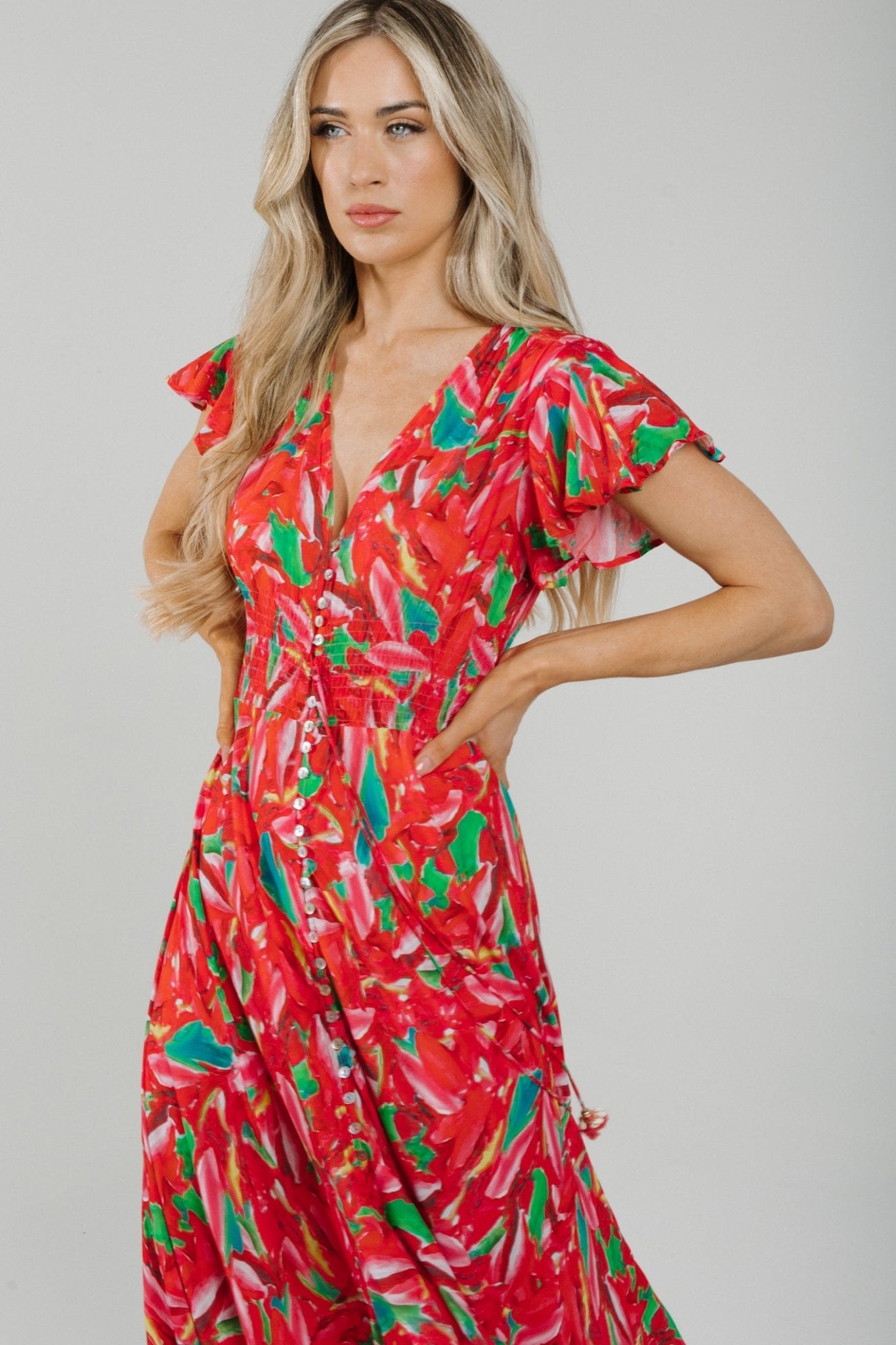 Lola Button Front Dress In Red - The Walk in Wardrobe