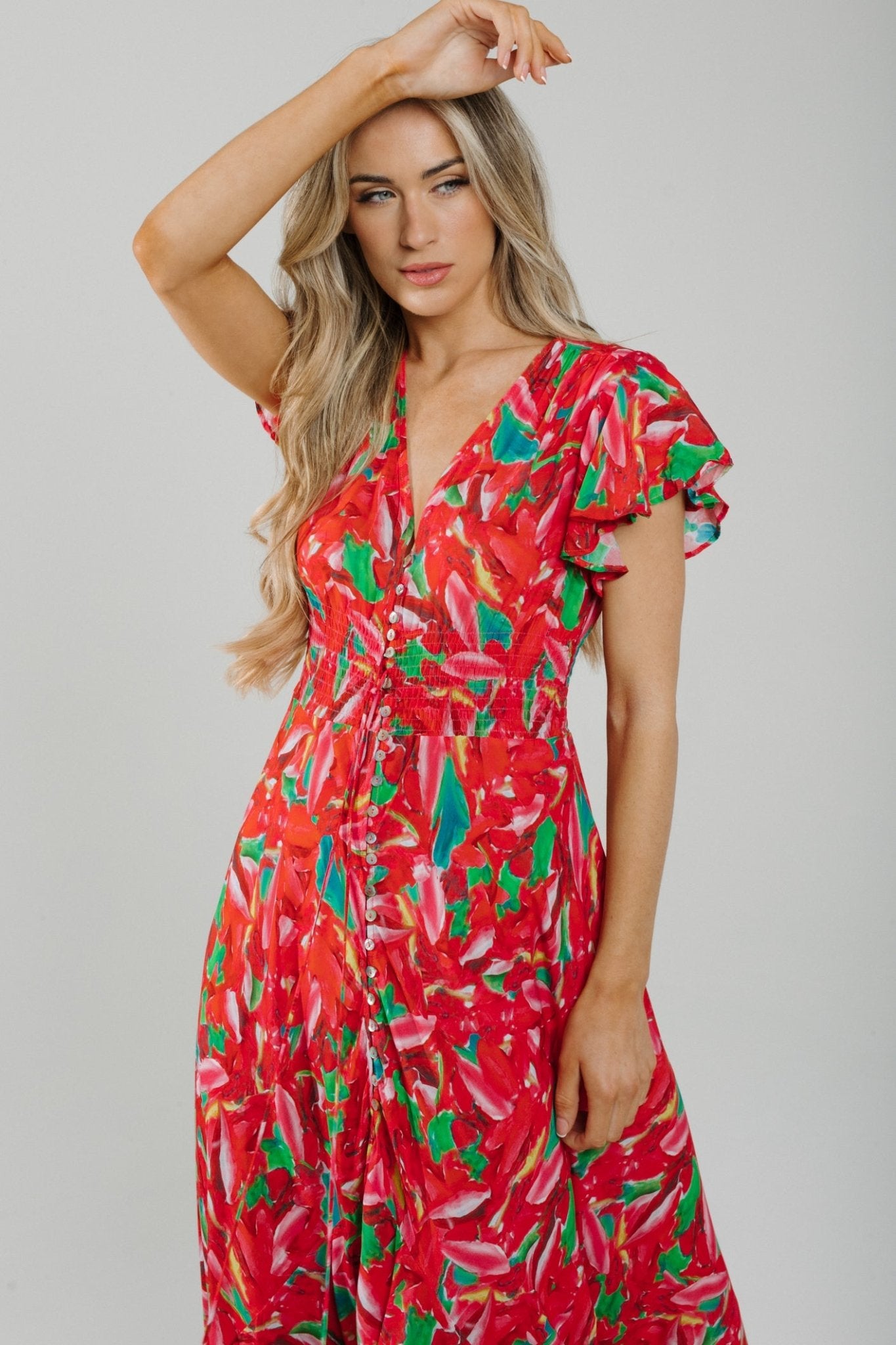 Lola Button Front Dress In Red - The Walk in Wardrobe