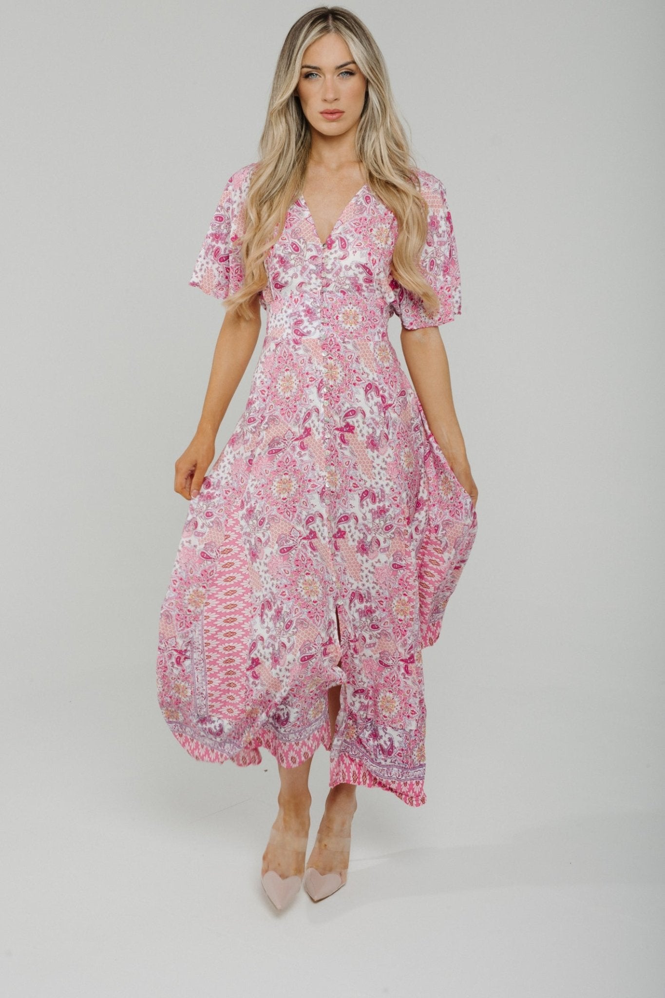 Lola Button Front Midi Dress In Pink Mix - The Walk in Wardrobe
