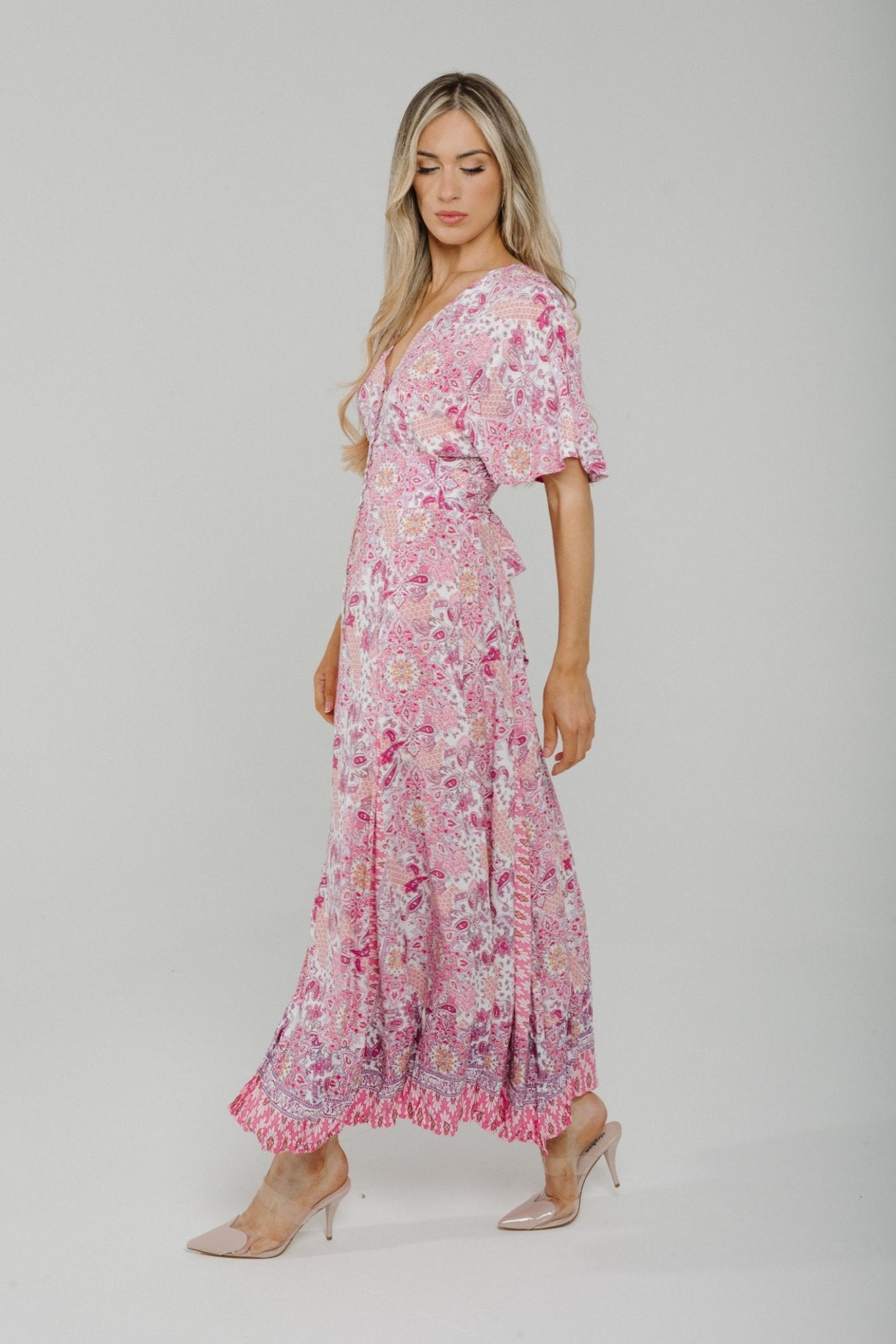Lola Button Front Midi Dress In Pink Mix - The Walk in Wardrobe