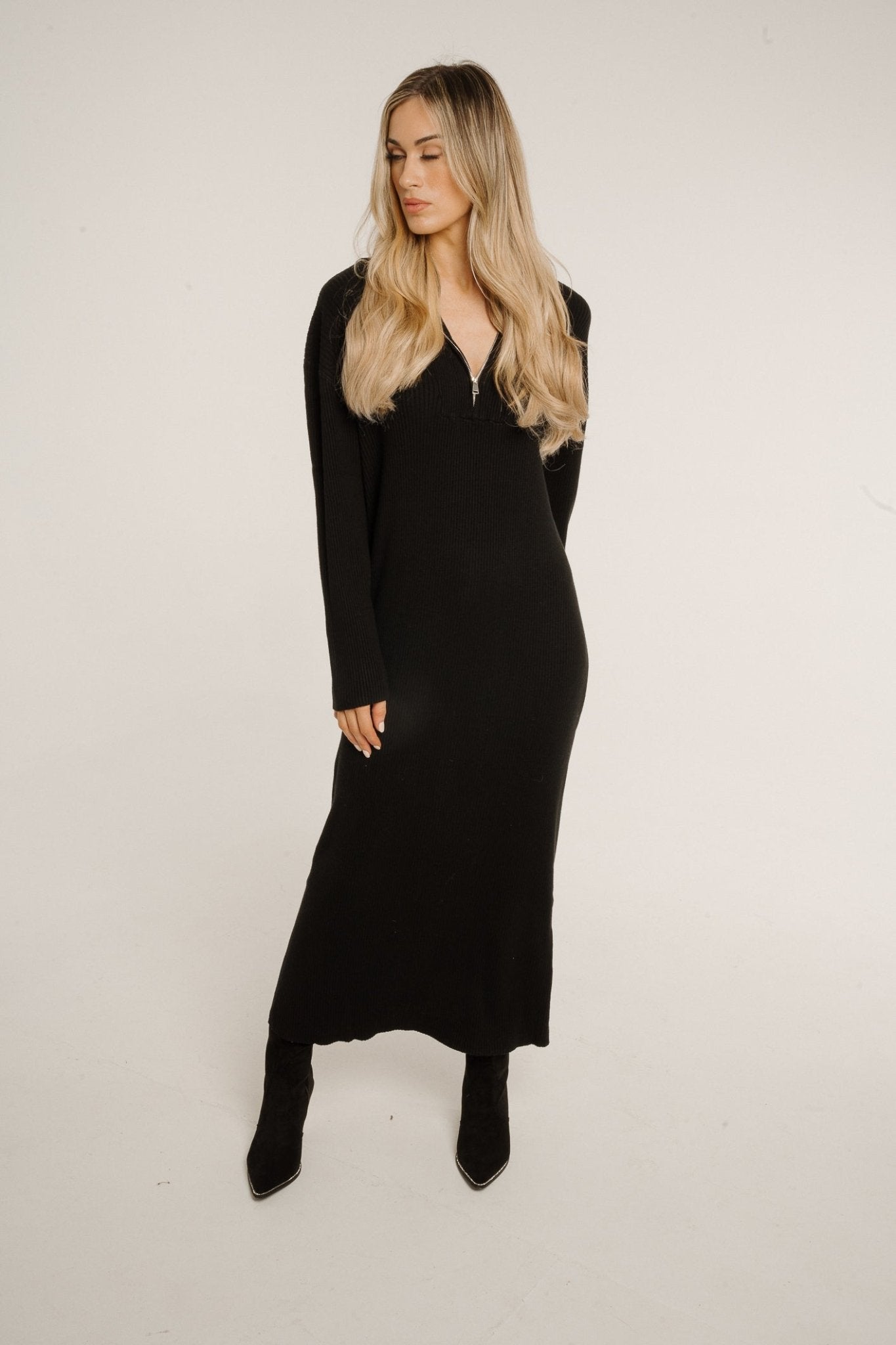 Lottie Zip Neck Knit Dress In Black - The Walk in Wardrobe