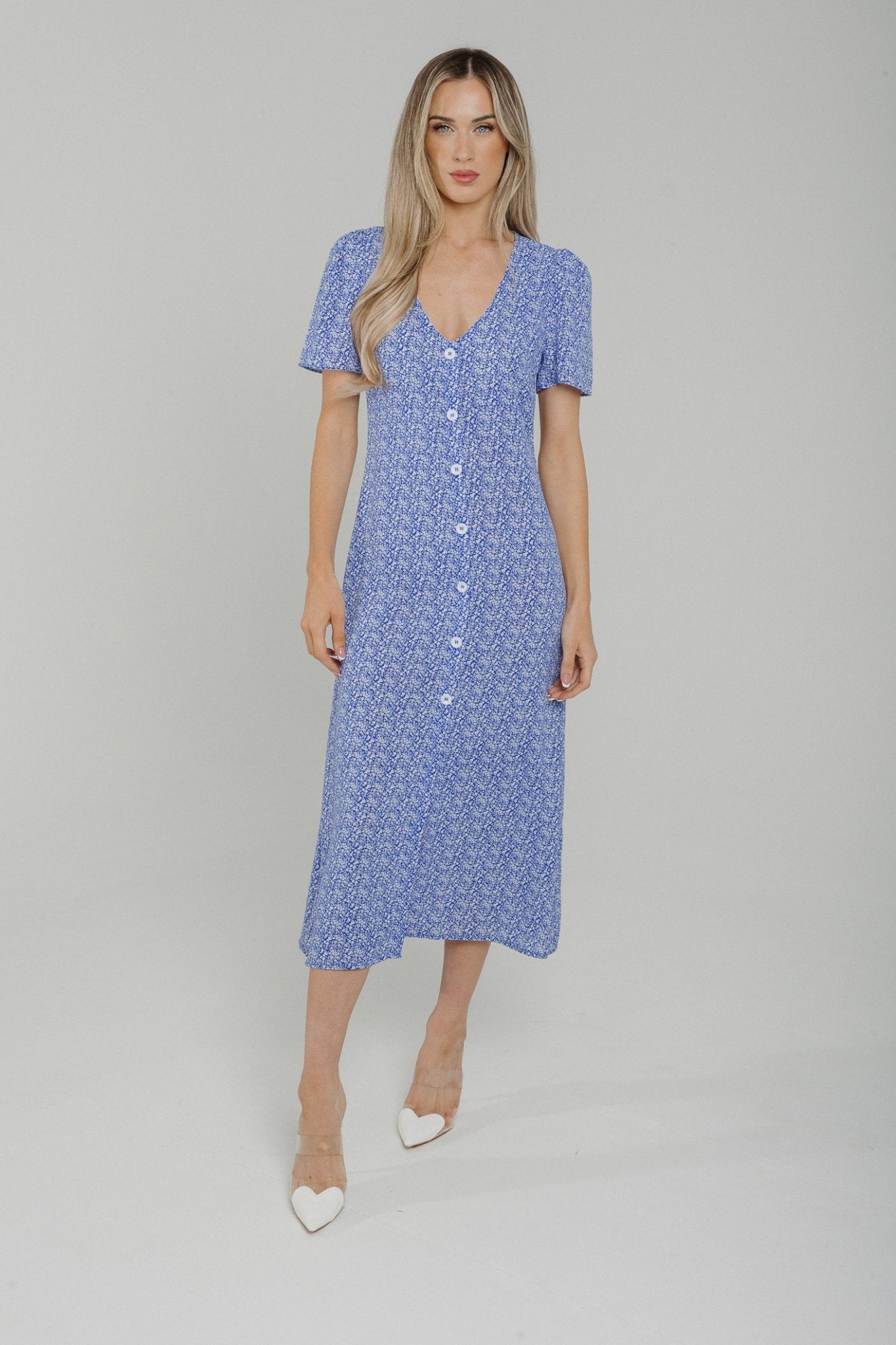 Lucy Button Front Dress In Blue Print - The Walk in Wardrobe