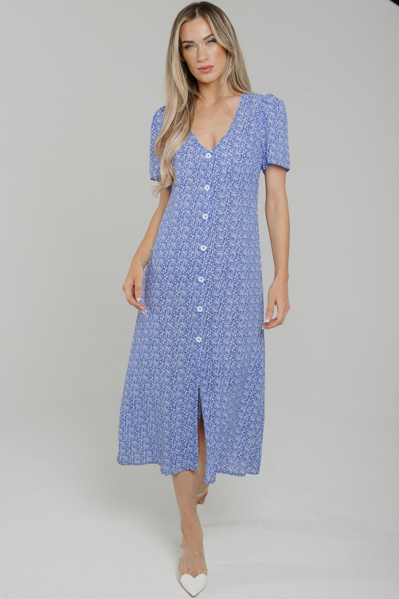 Lucy Button Front Dress In Blue Print - The Walk in Wardrobe