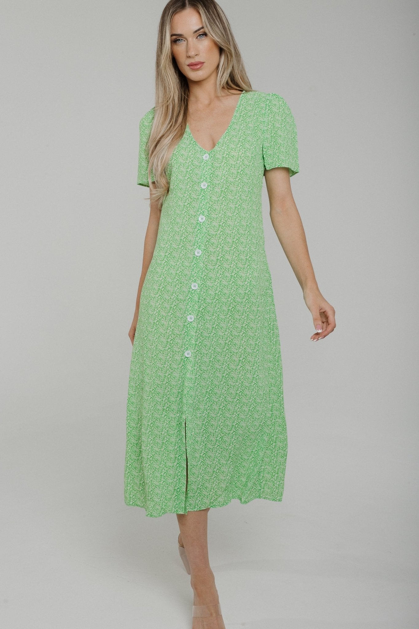 Lucy Button Front Dress In Green Print - The Walk in Wardrobe