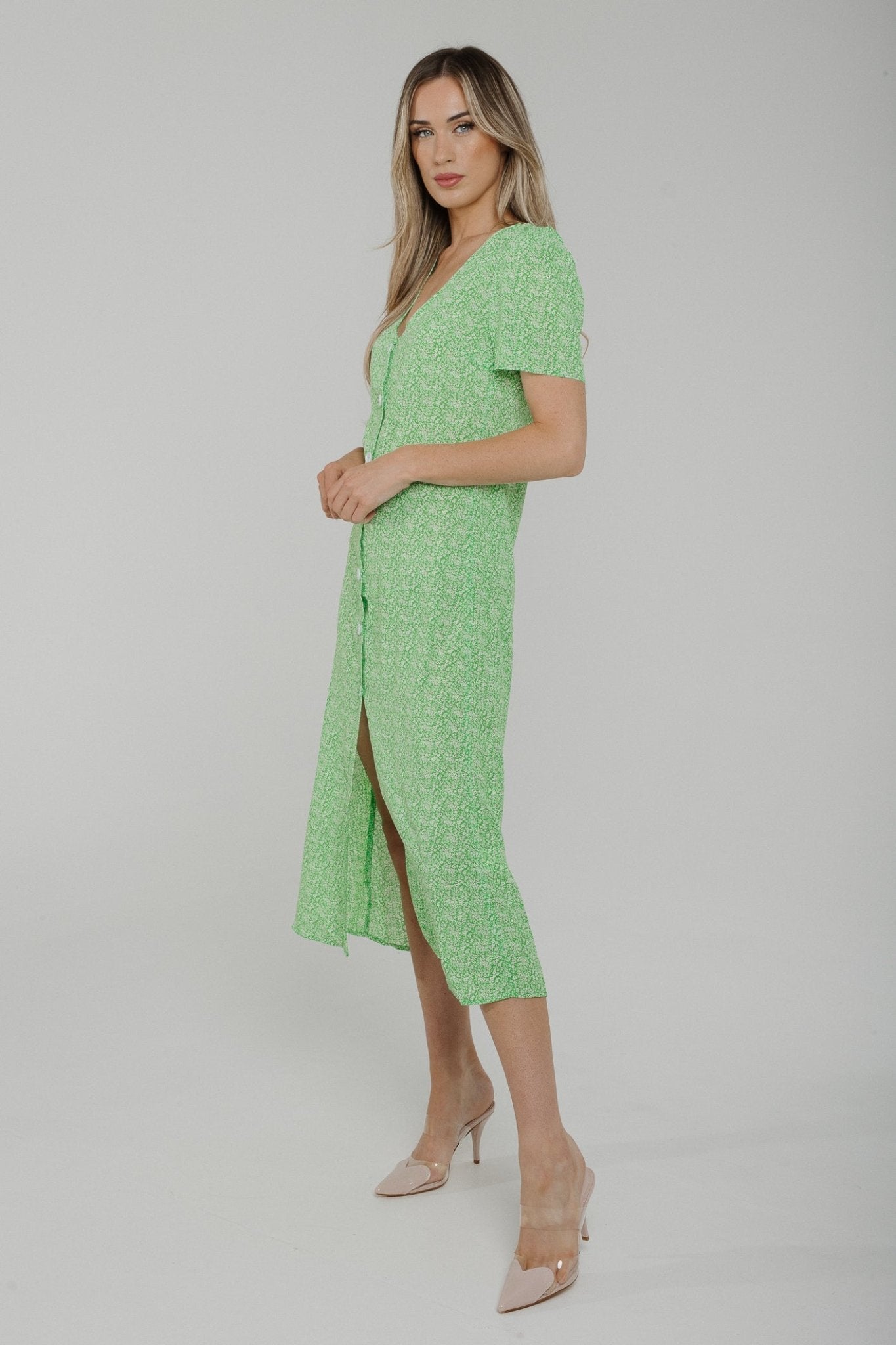 Lucy Button Front Dress In Green Print - The Walk in Wardrobe