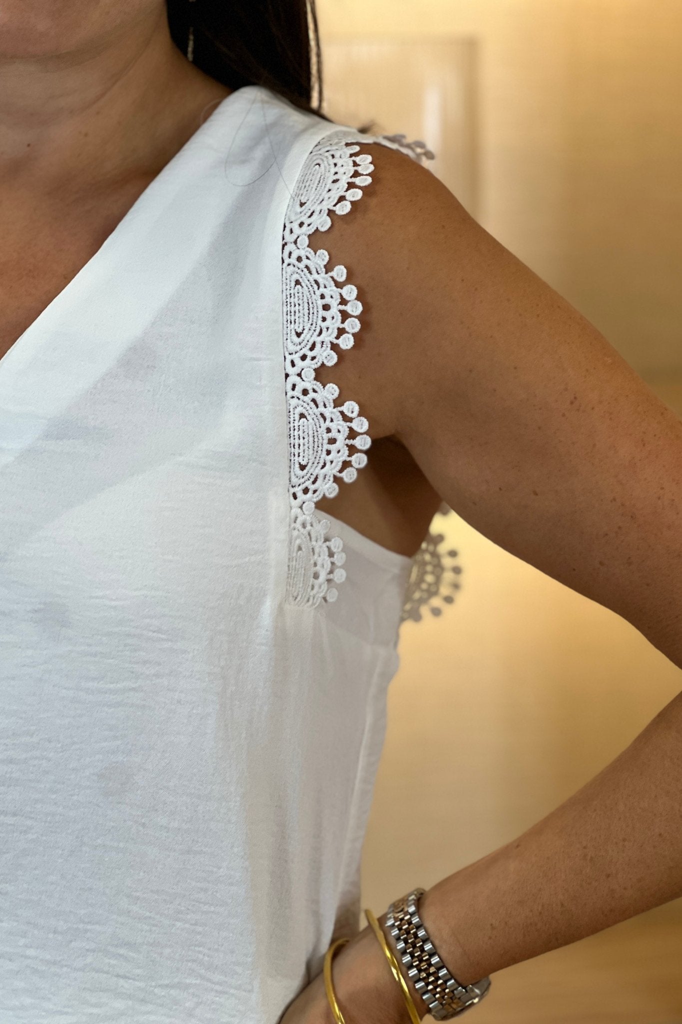 Lydia Crochet Trim Vest Top In White - The Walk in Wardrobe