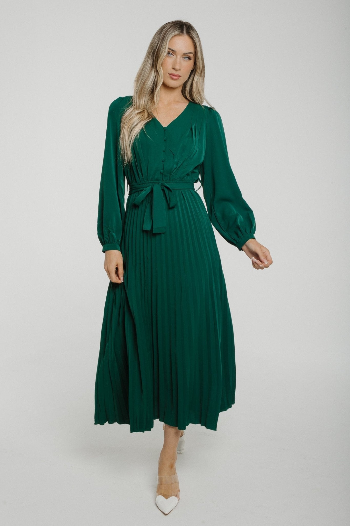 Lydia Pleated Maxi Dress In Dark Green - The Walk in Wardrobe