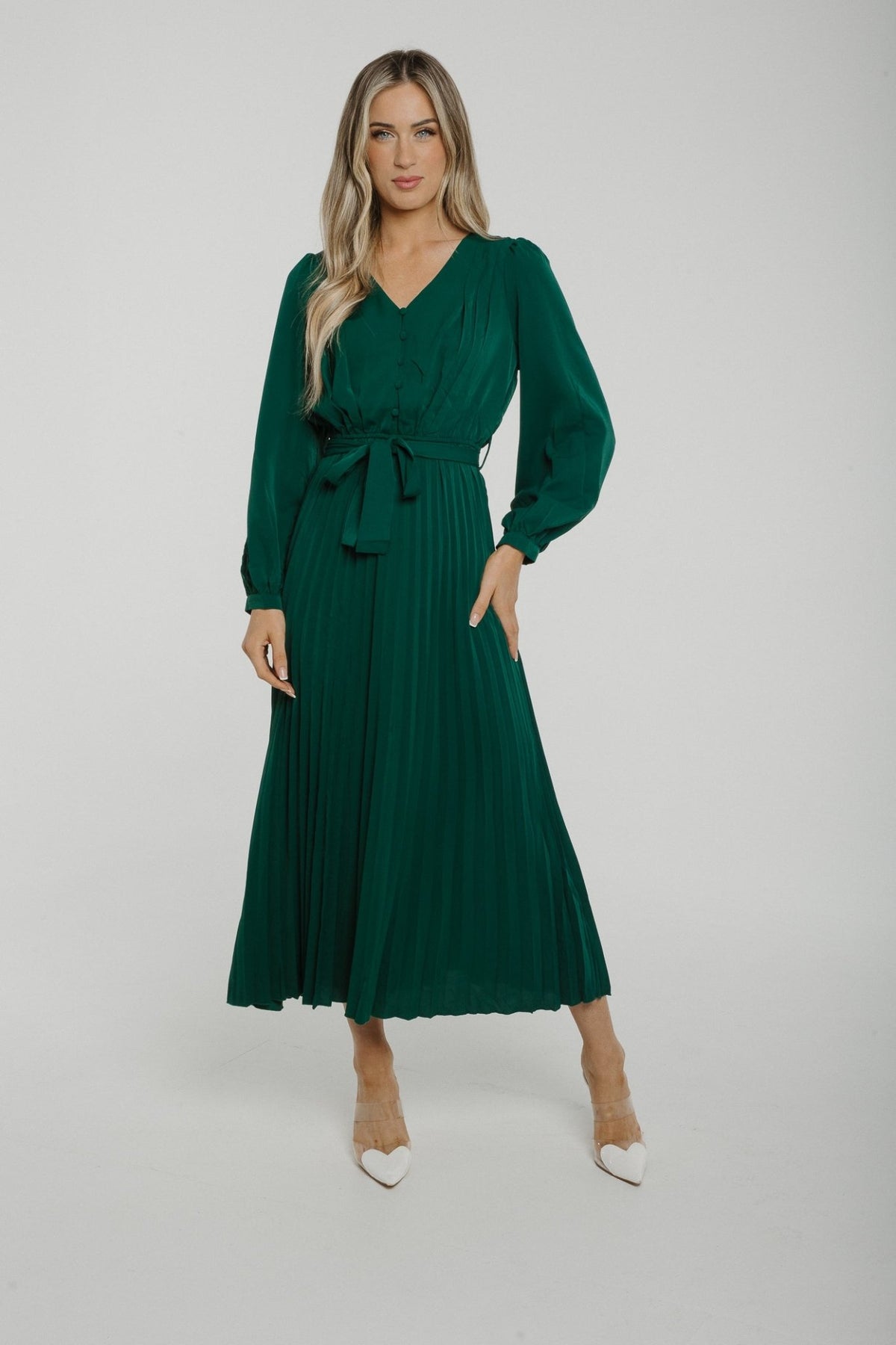 Lydia Pleated Maxi Dress In Dark Green - The Walk in Wardrobe