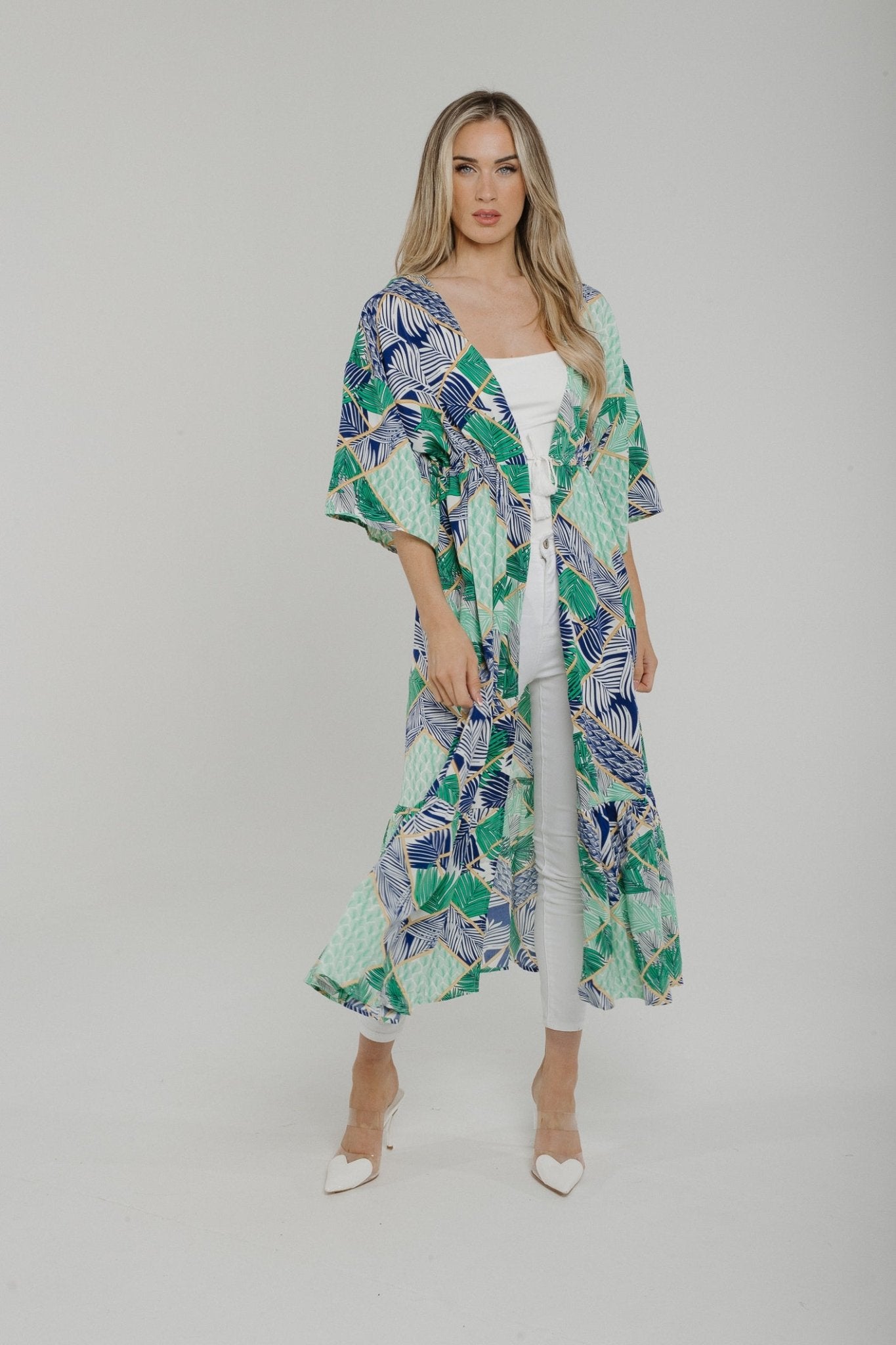 Lydia Printed Kimono In Green Mix - The Walk in Wardrobe