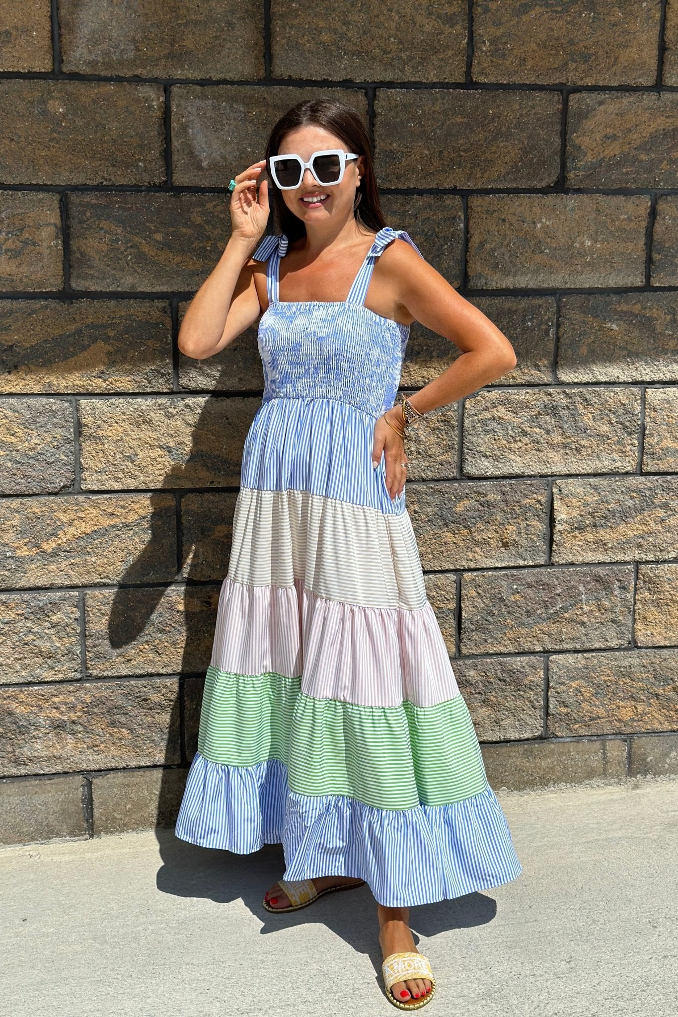 Lydia Tiered Maxi Dress In Multi Stripe - The Walk in Wardrobe