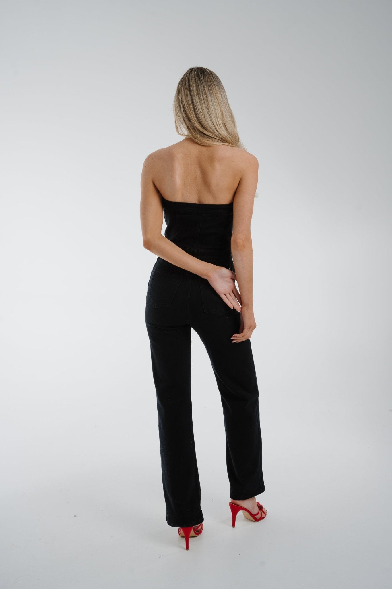 Lynne Strapless Denim Jumpsuit In Black - The Walk in Wardrobe