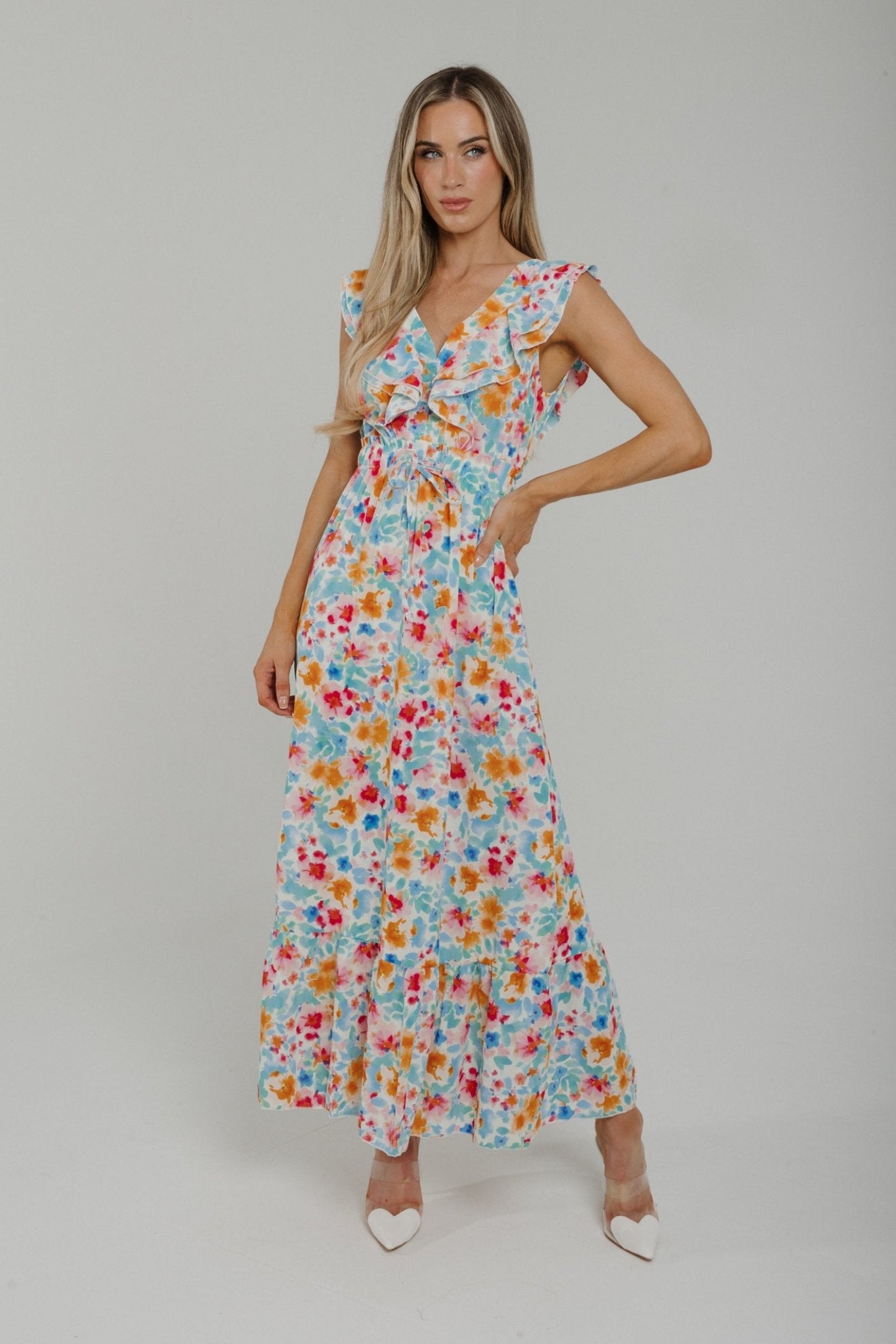 Maddie Frill Detail Maxi Dress In Sky Blue Floral - The Walk in Wardrobe