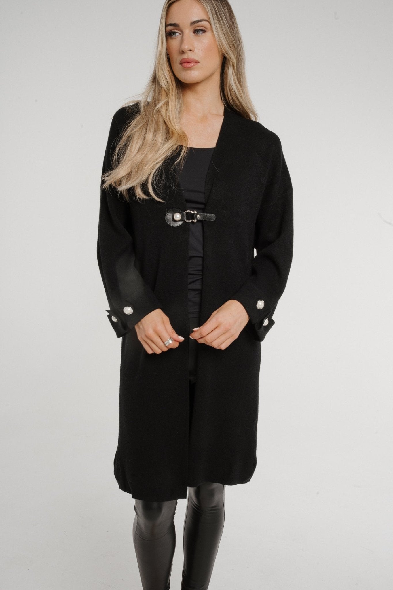 Maddie Pearl Clasp Cardigan In Black - The Walk in Wardrobe