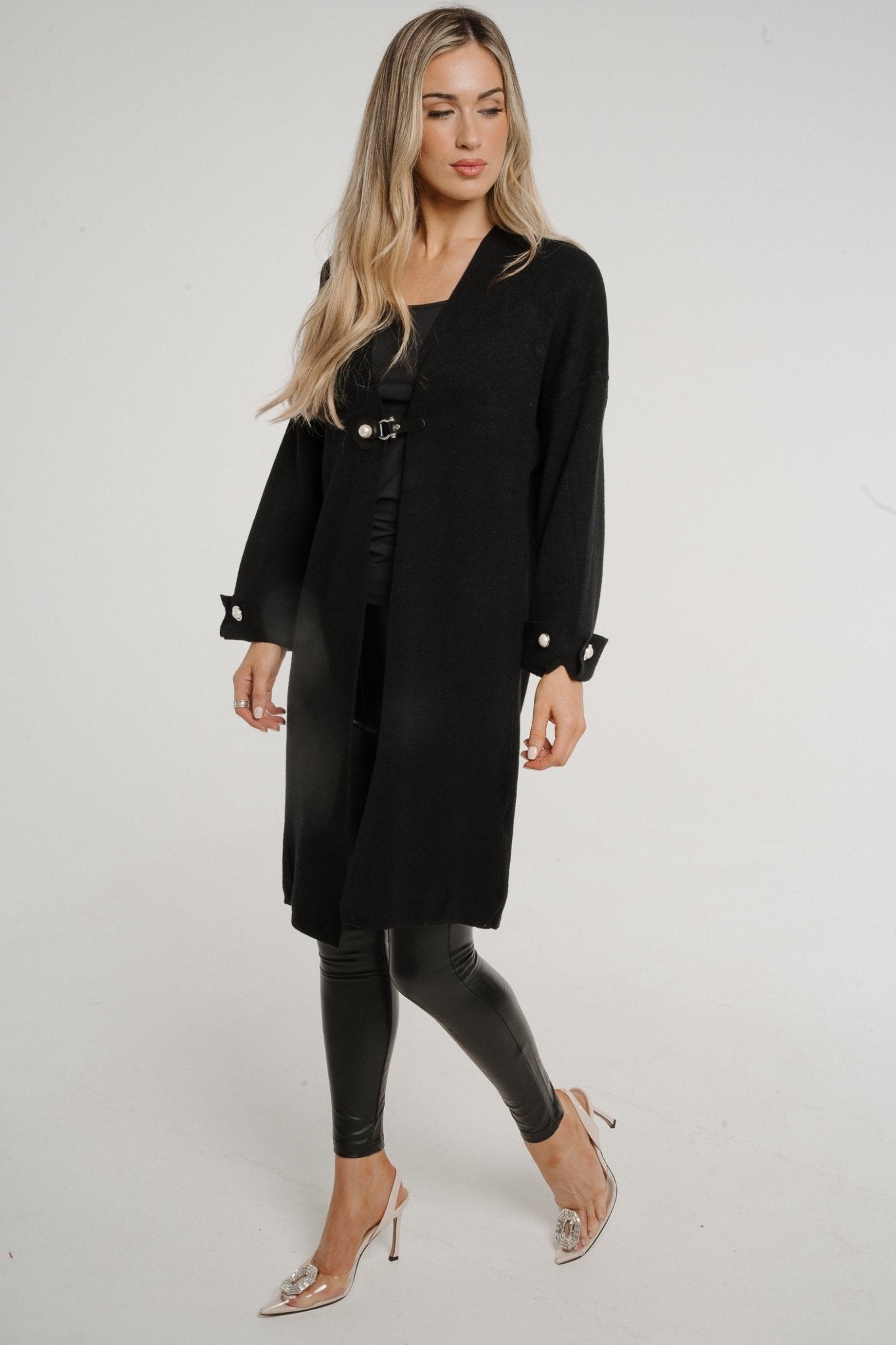 Maddie Pearl Clasp Cardigan In Black - The Walk in Wardrobe