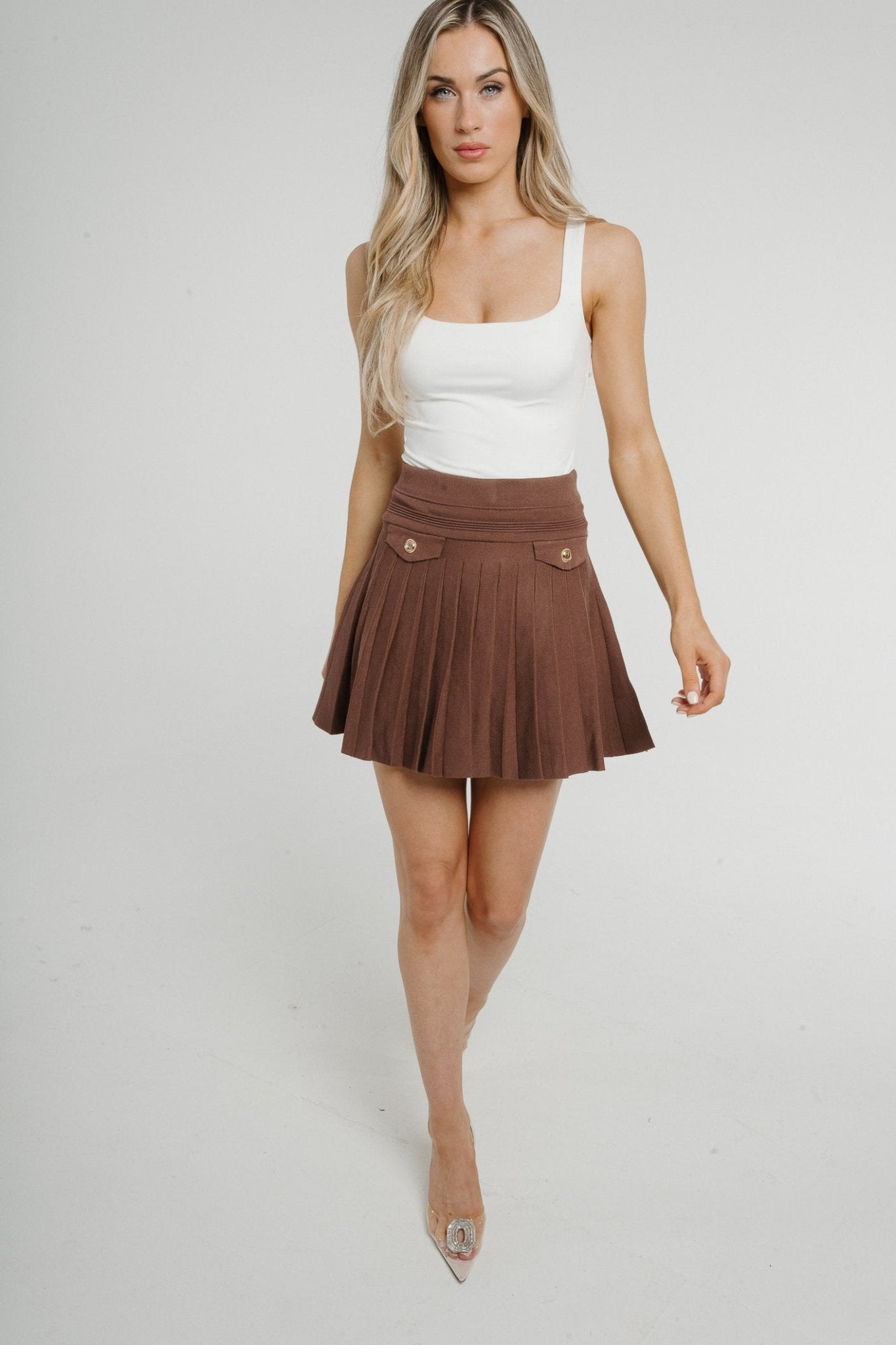 Maddie Pleated Skirt In Chocolate - The Walk in Wardrobe