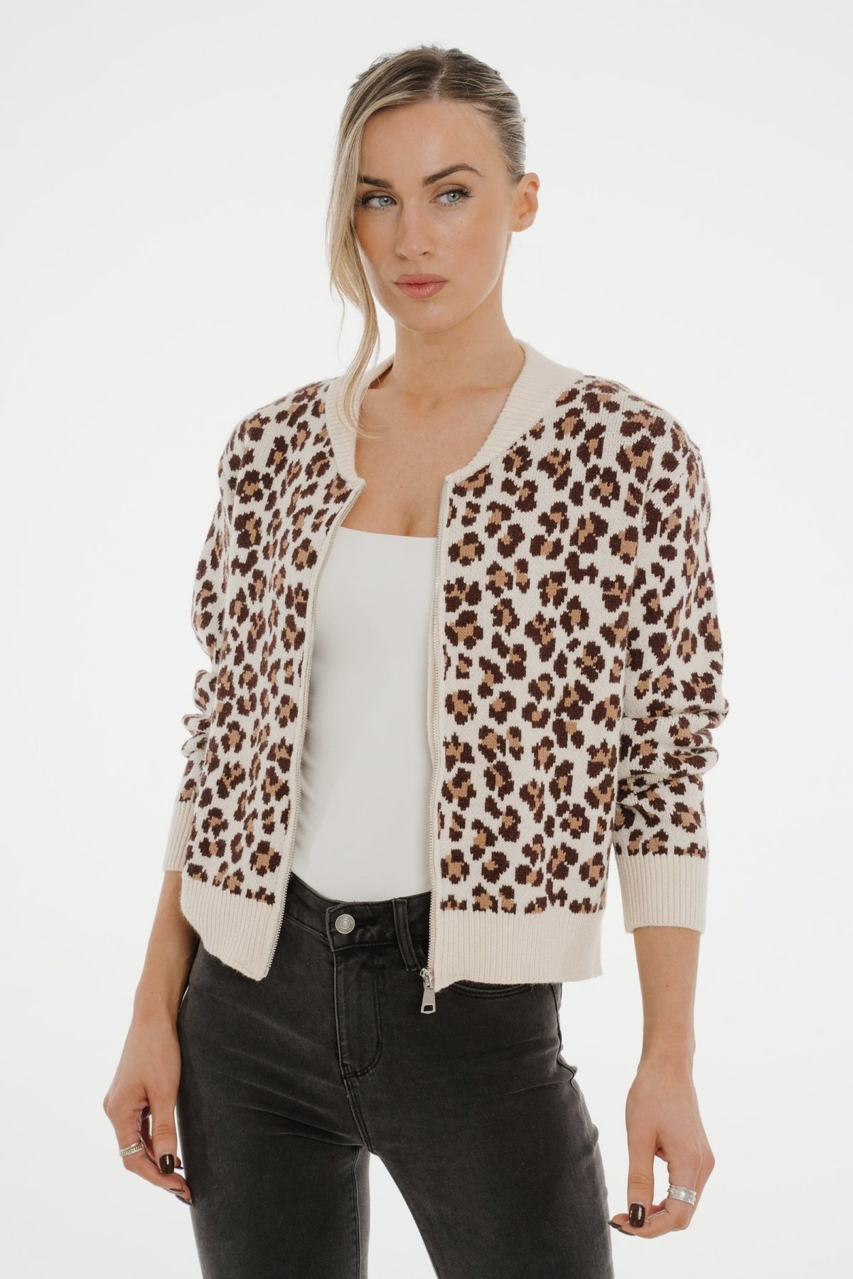 Melanie Leopard Print Knit Jacket In Cream - The Walk in Wardrobe
