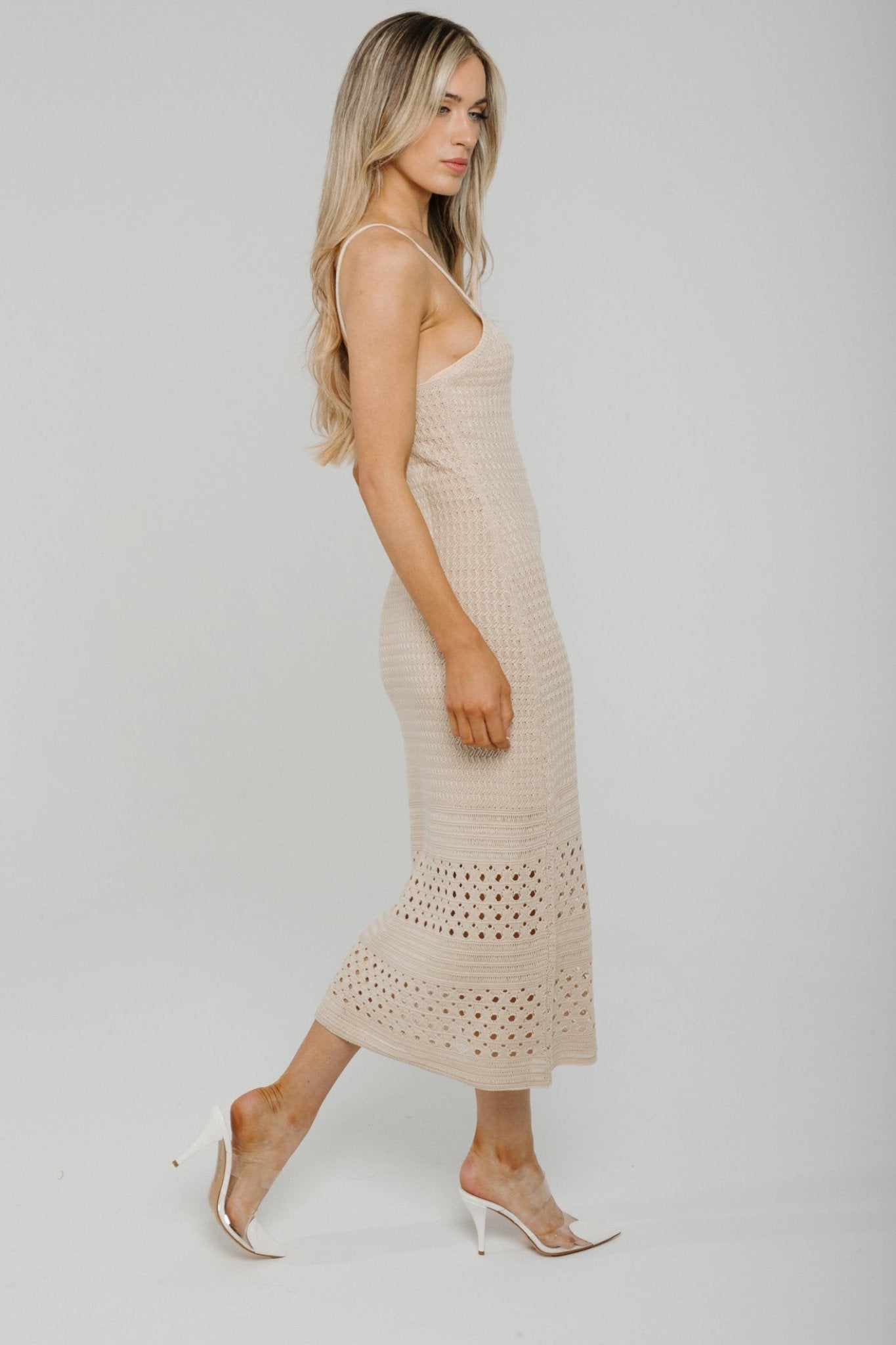 Mia V-Neck Crochet Dress In Neutral - The Walk in Wardrobe