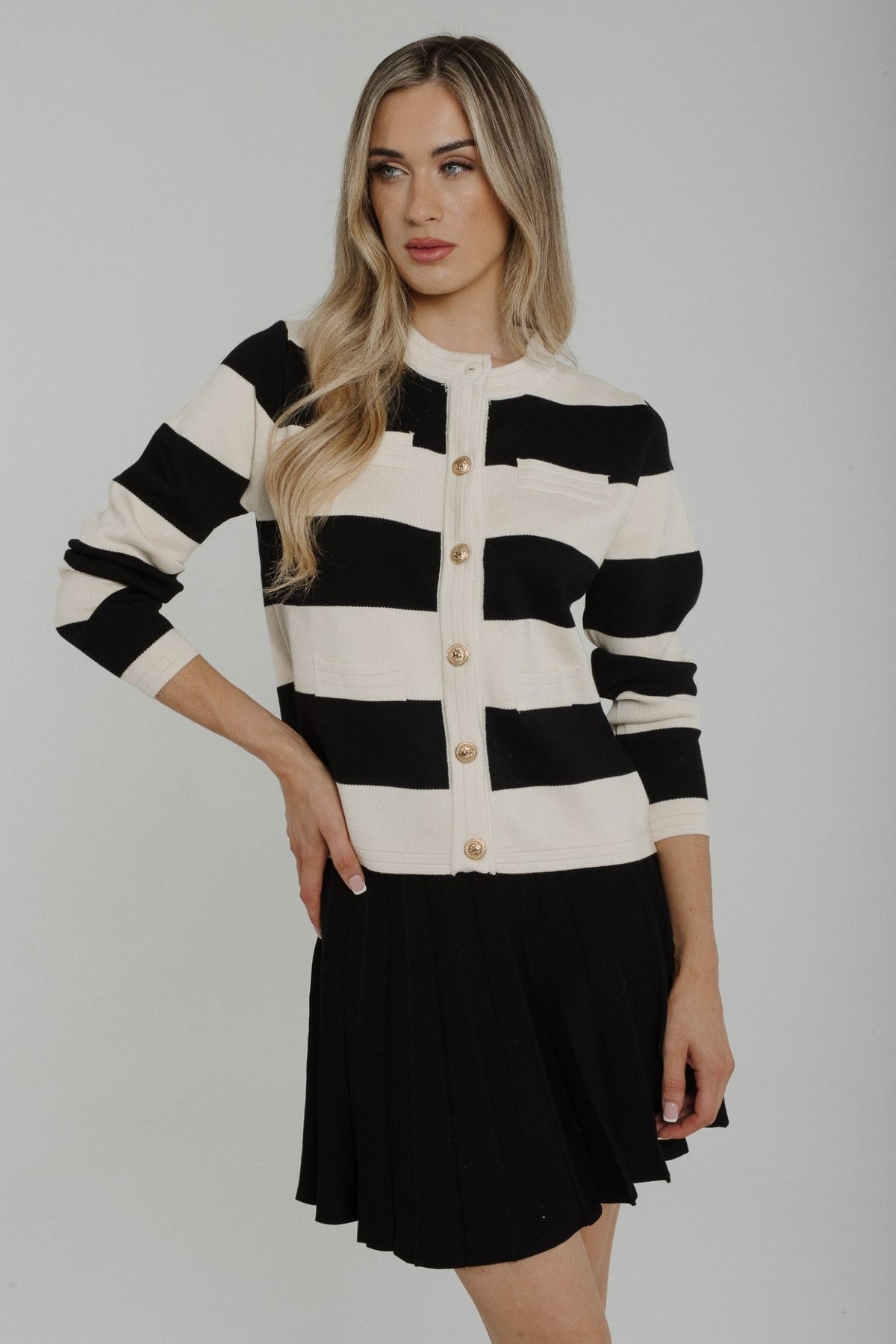 Millie Block Stripe Cardigan In Black & White - The Walk in Wardrobe