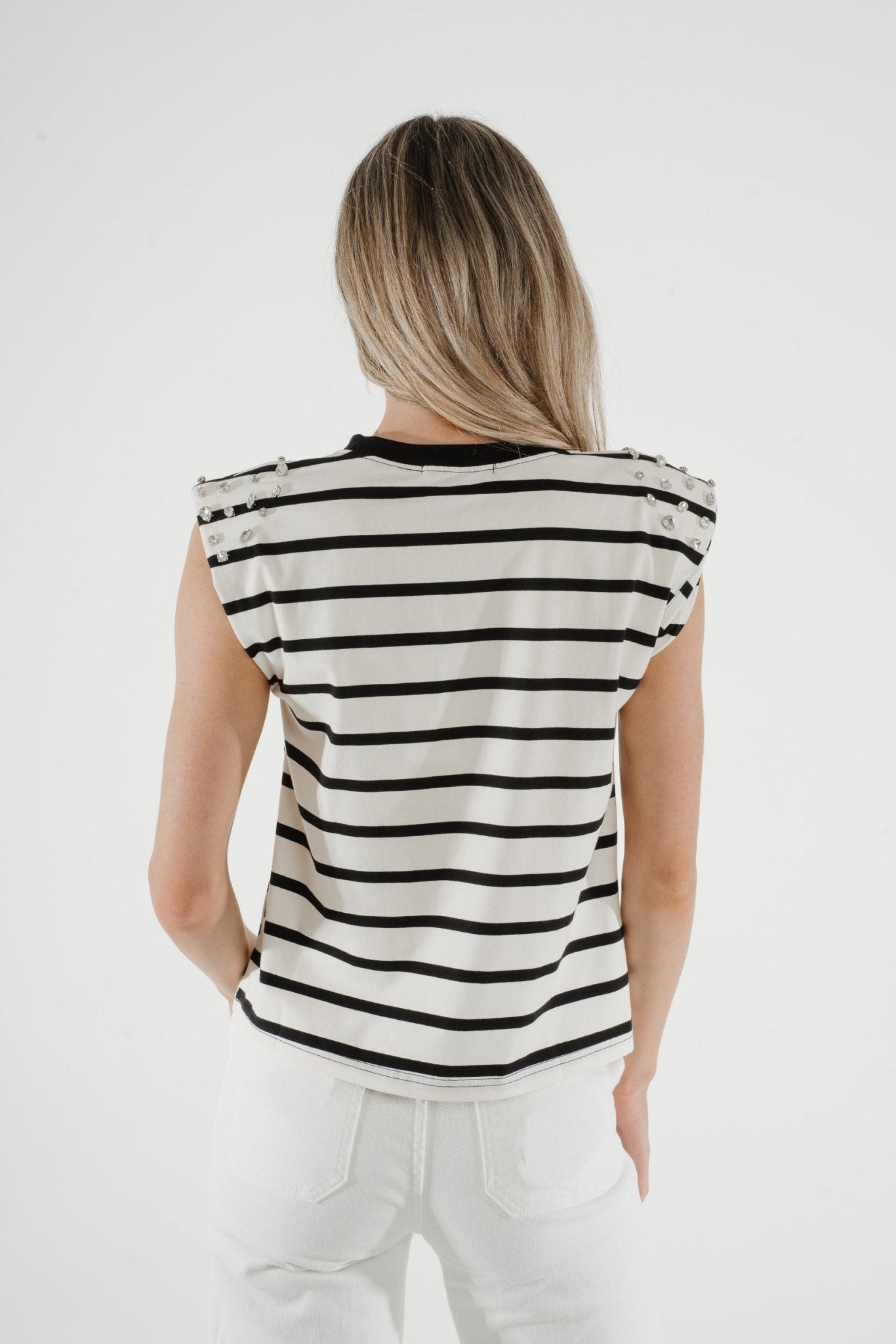 Millie Diamanté Stripe T-Shirt In Monochrome - The Walk in Wardrobe