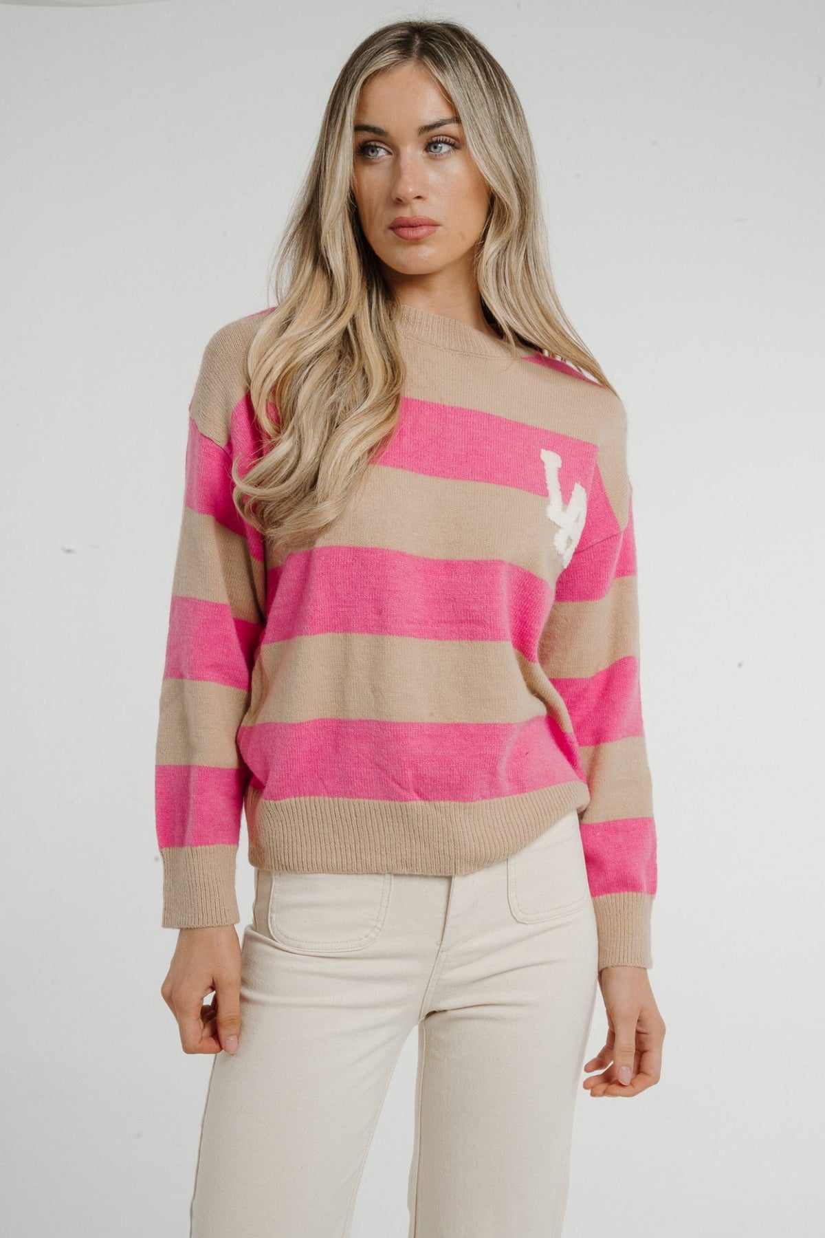 Millie Slogan Stripe Jumper In Pink & Camel - The Walk in Wardrobe